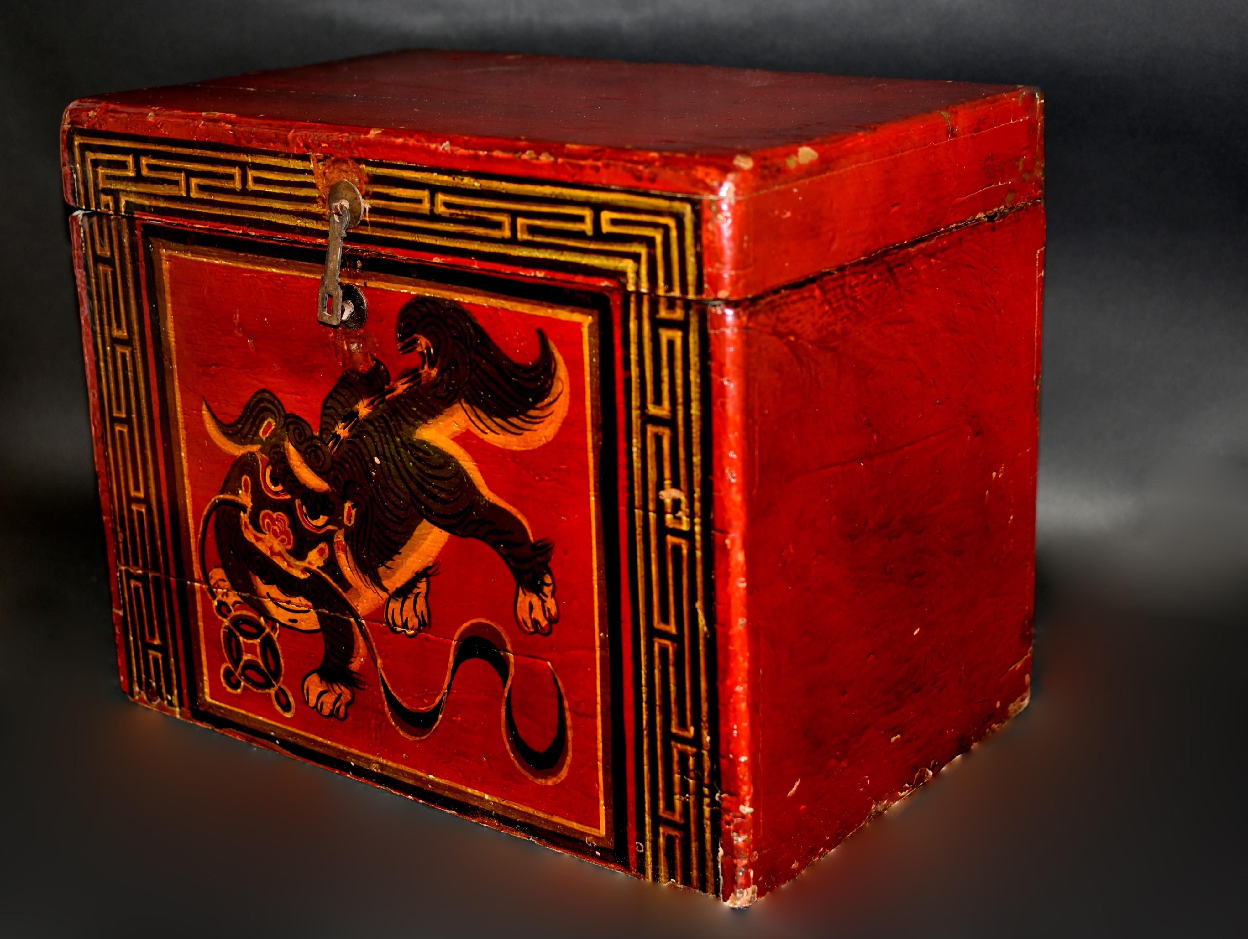 Hand-Painted Antique Tibetan Hand Painted Foo Dog Box 