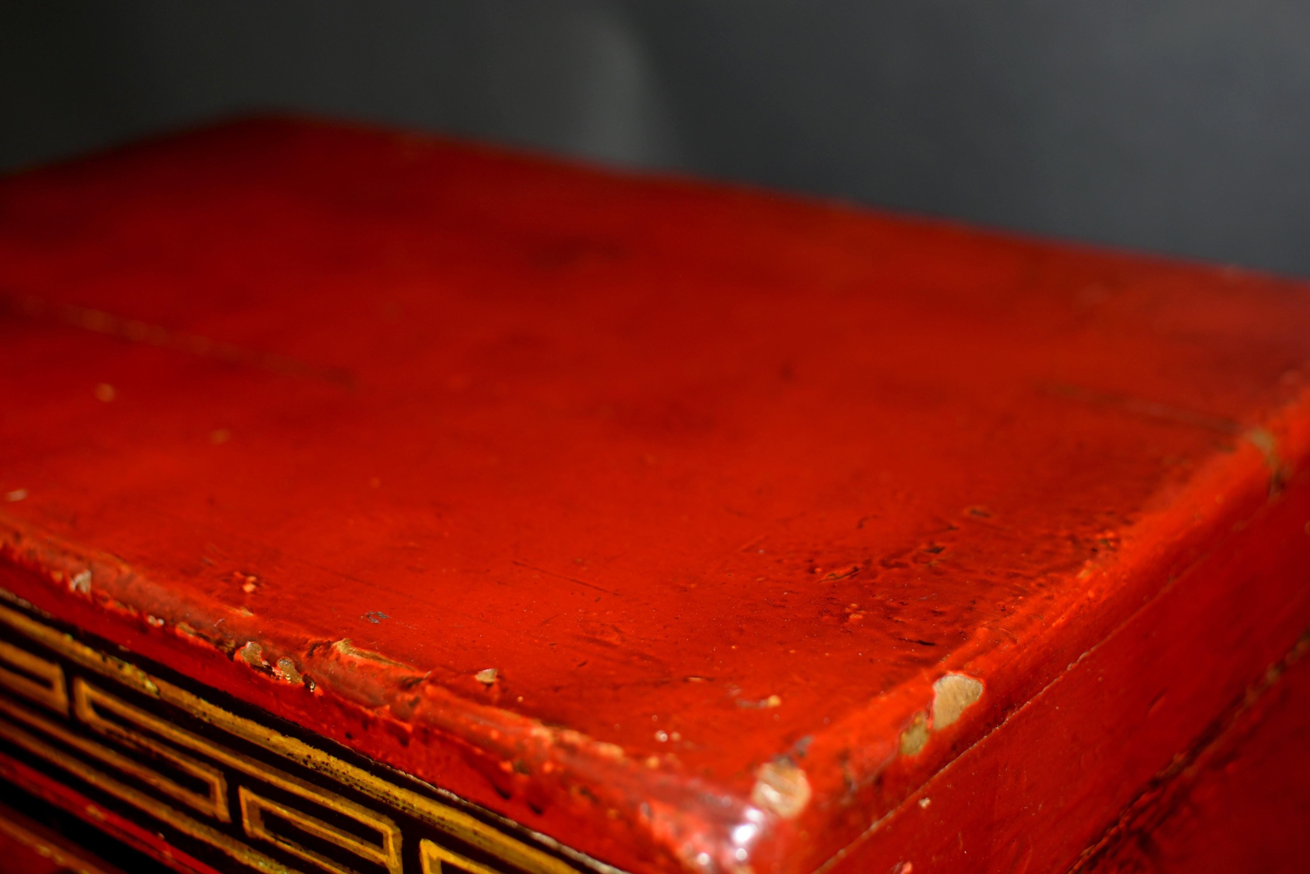 19th Century Antique Tibetan Hand Painted Foo Dog Box 