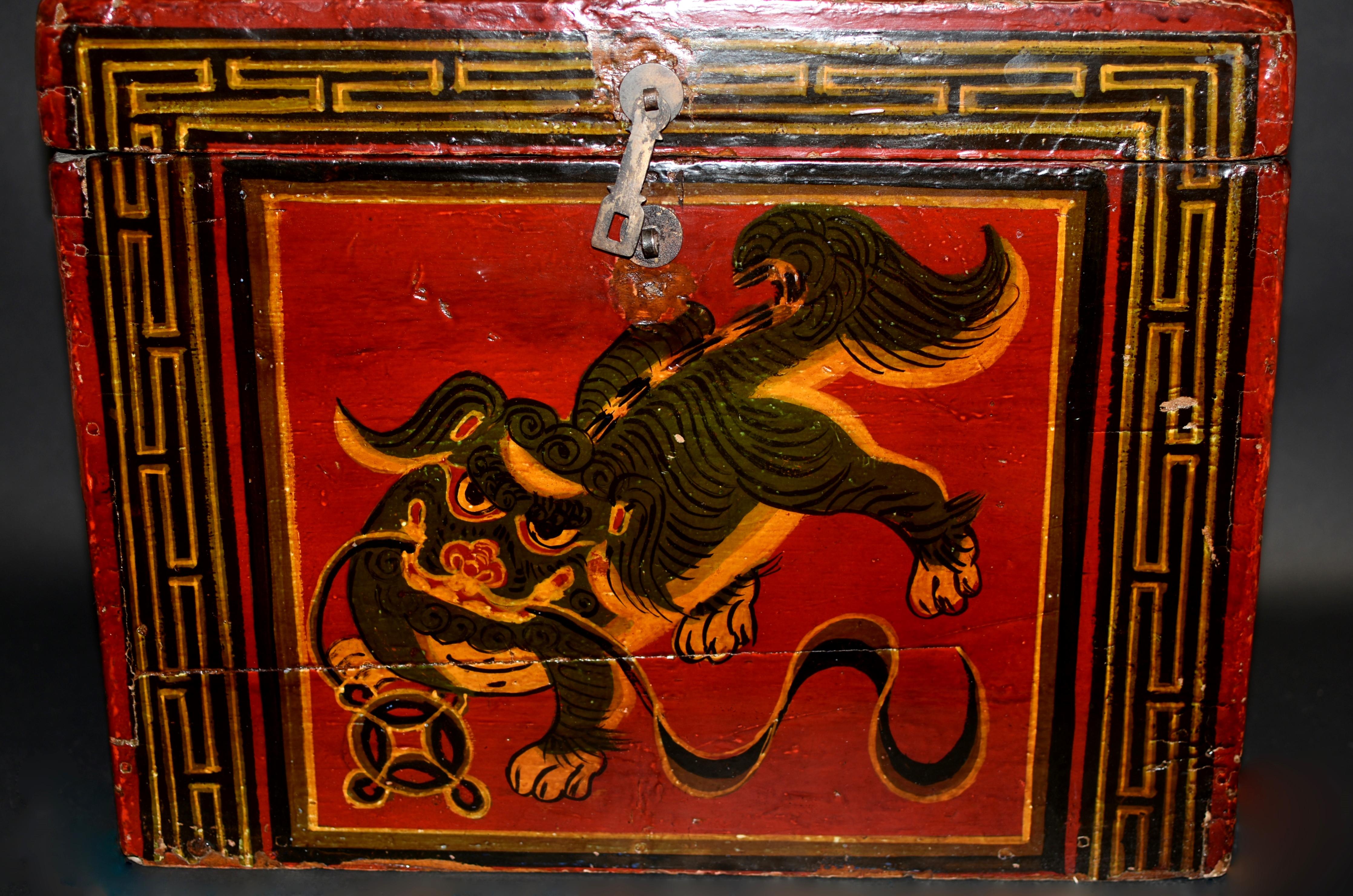 Wood Antique Tibetan Hand Painted Foo Dog Box 