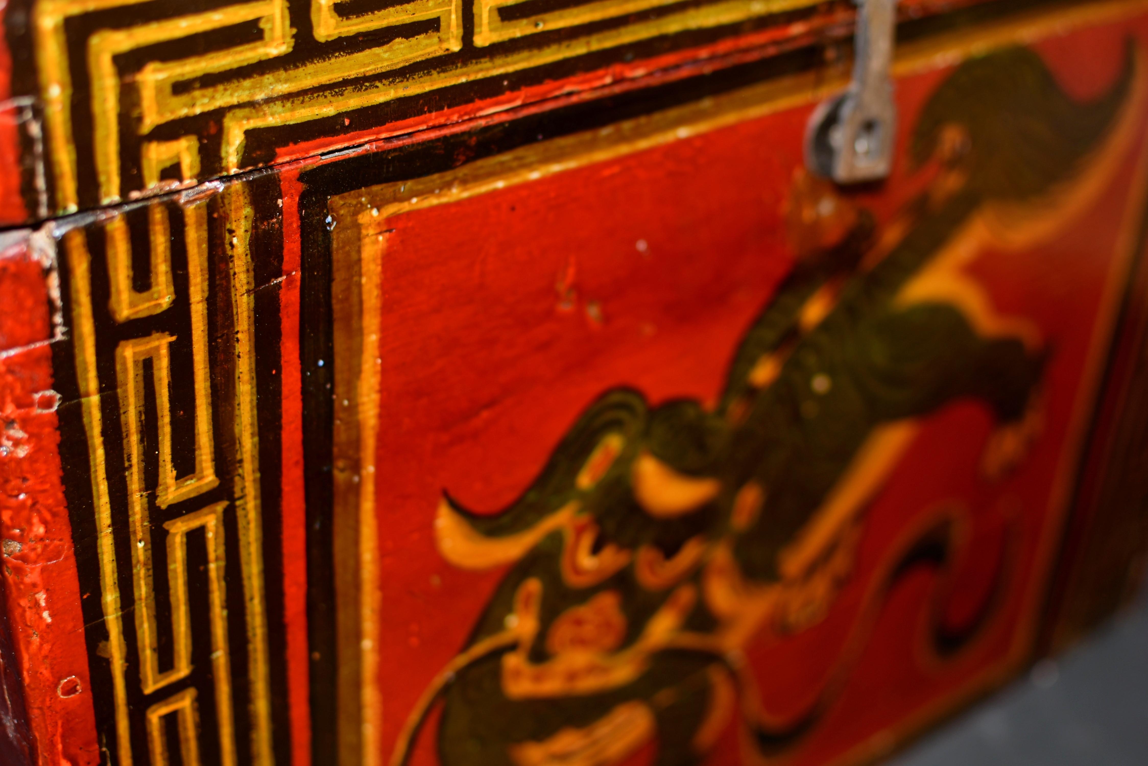 Antique Tibetan Hand Painted Foo Dog Box  1