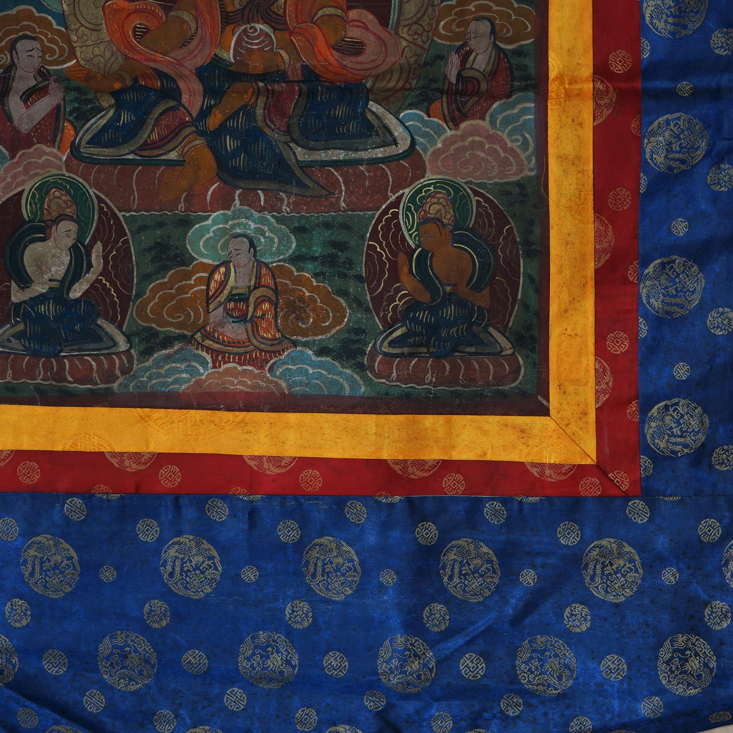 Antique Tibetan Hand Painted Silk and Canvas Thangka with Figures C1920 For Sale 5