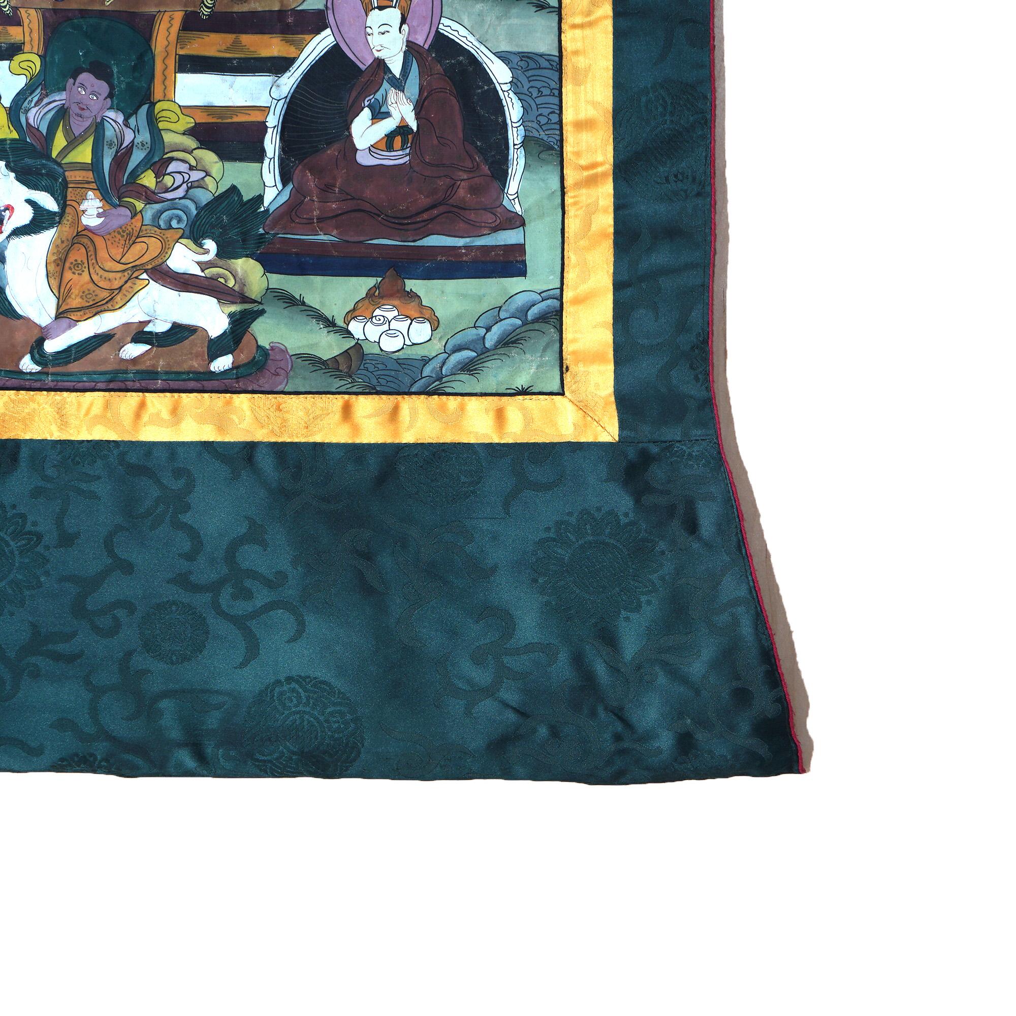 Antique Tibetan Hand Painted Silk and Canvas Thangka with Figures C1920 For Sale 7