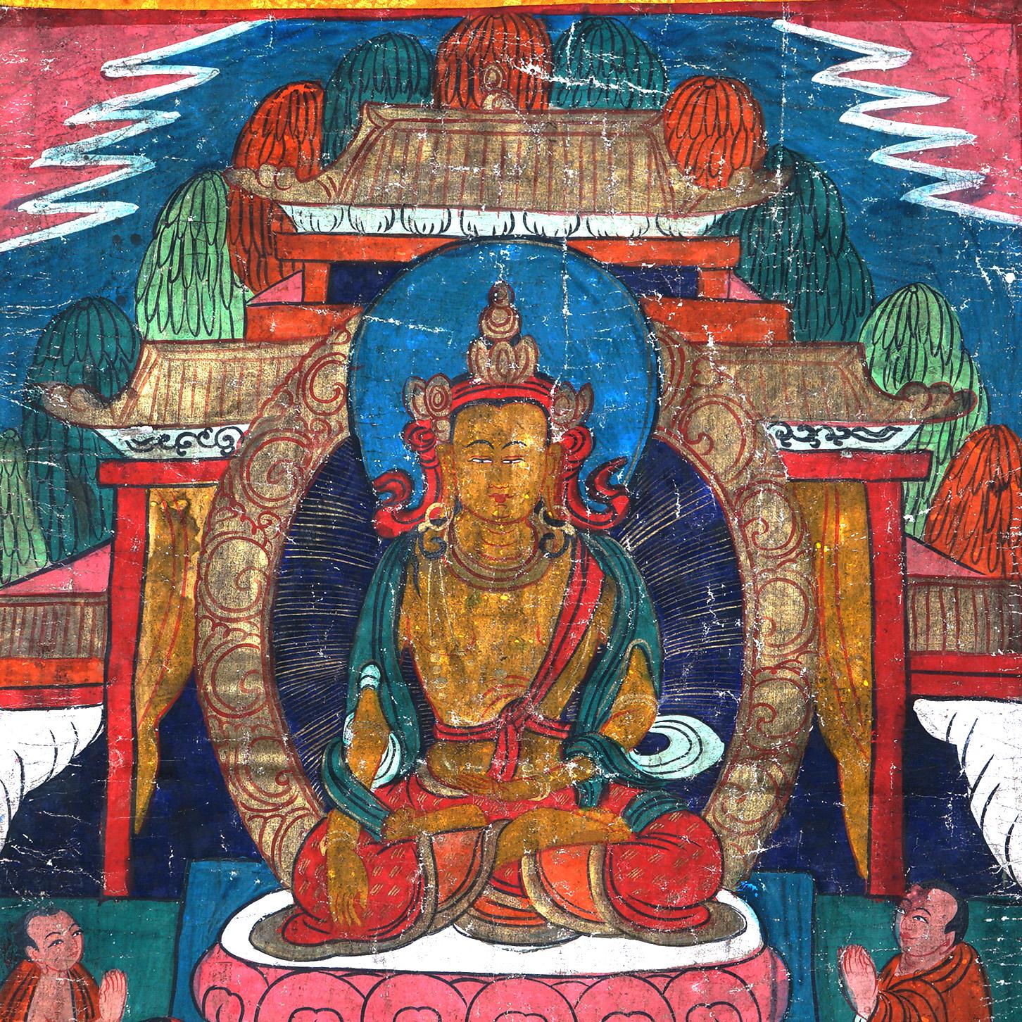 Antike tibetische handbemalte Thangka aus Seide und Leinwand mit Figuren aus Tibet, um 1920

Maße: 37,5''H x 31''W x 0,25''D