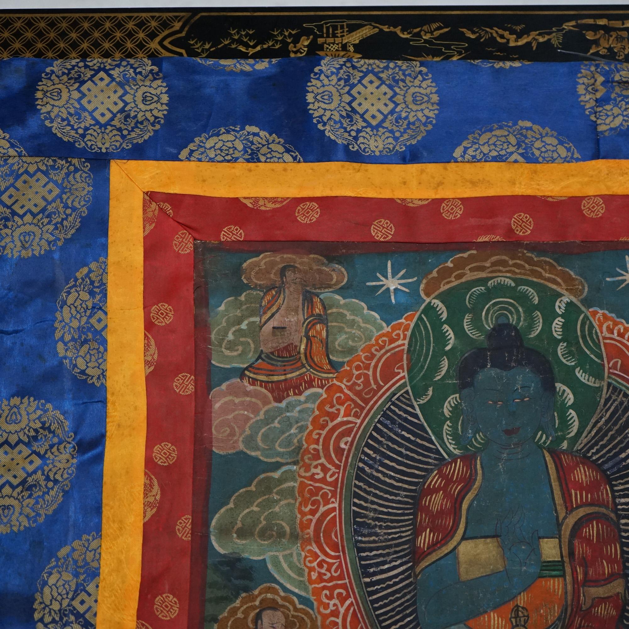 Hand-Painted Antique Tibetan Hand Painted Silk and Canvas Thangka with Figures C1920 For Sale