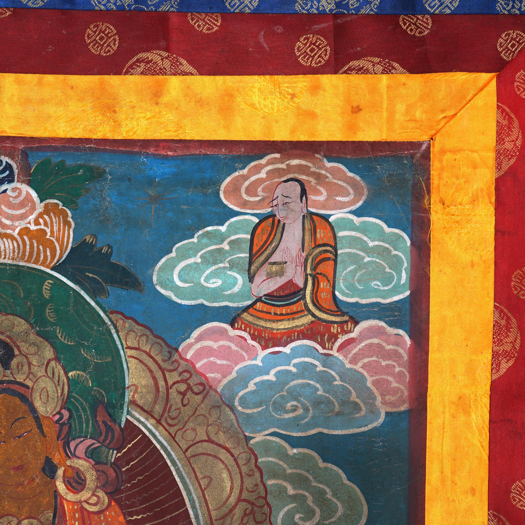 Antique Tibetan Hand Painted Silk and Canvas Thangka with Figures C1920 In Good Condition For Sale In Big Flats, NY