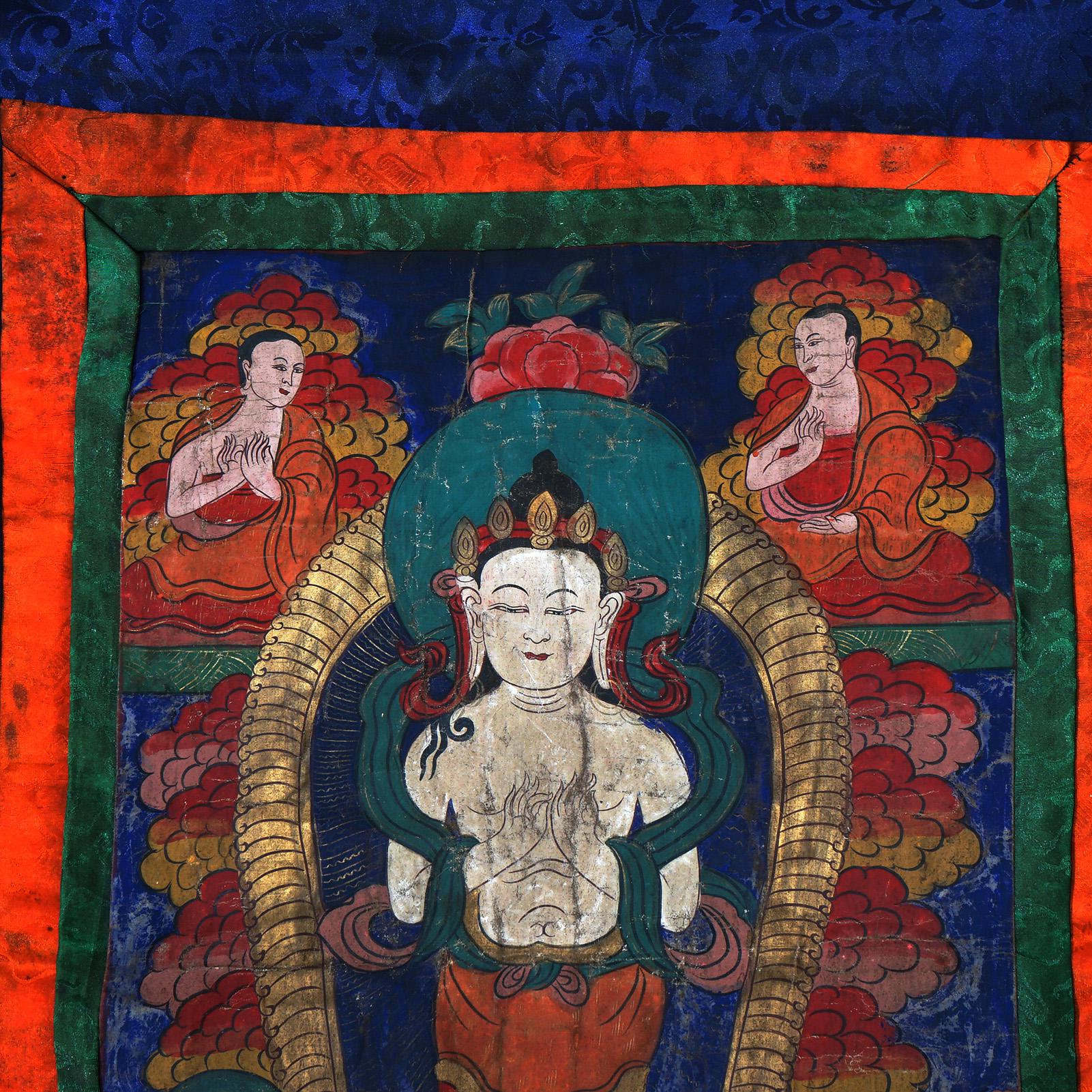 Antique Tibetan Hand Painted Silk and Canvas Thangka with Figures C1920 In Good Condition For Sale In Big Flats, NY