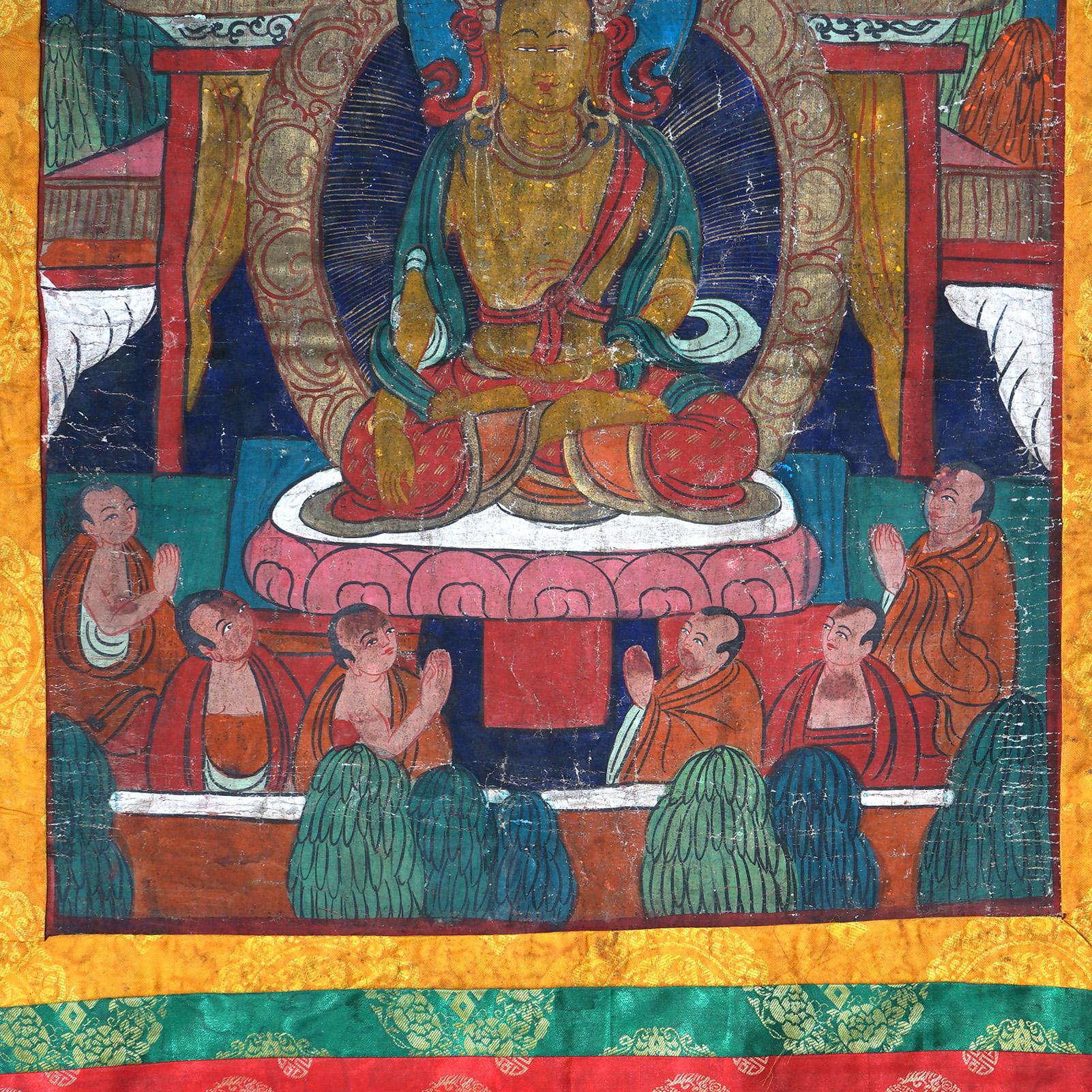 20th Century Antique Tibetan Hand Painted Silk and Canvas Thangka with Figures C1920 For Sale