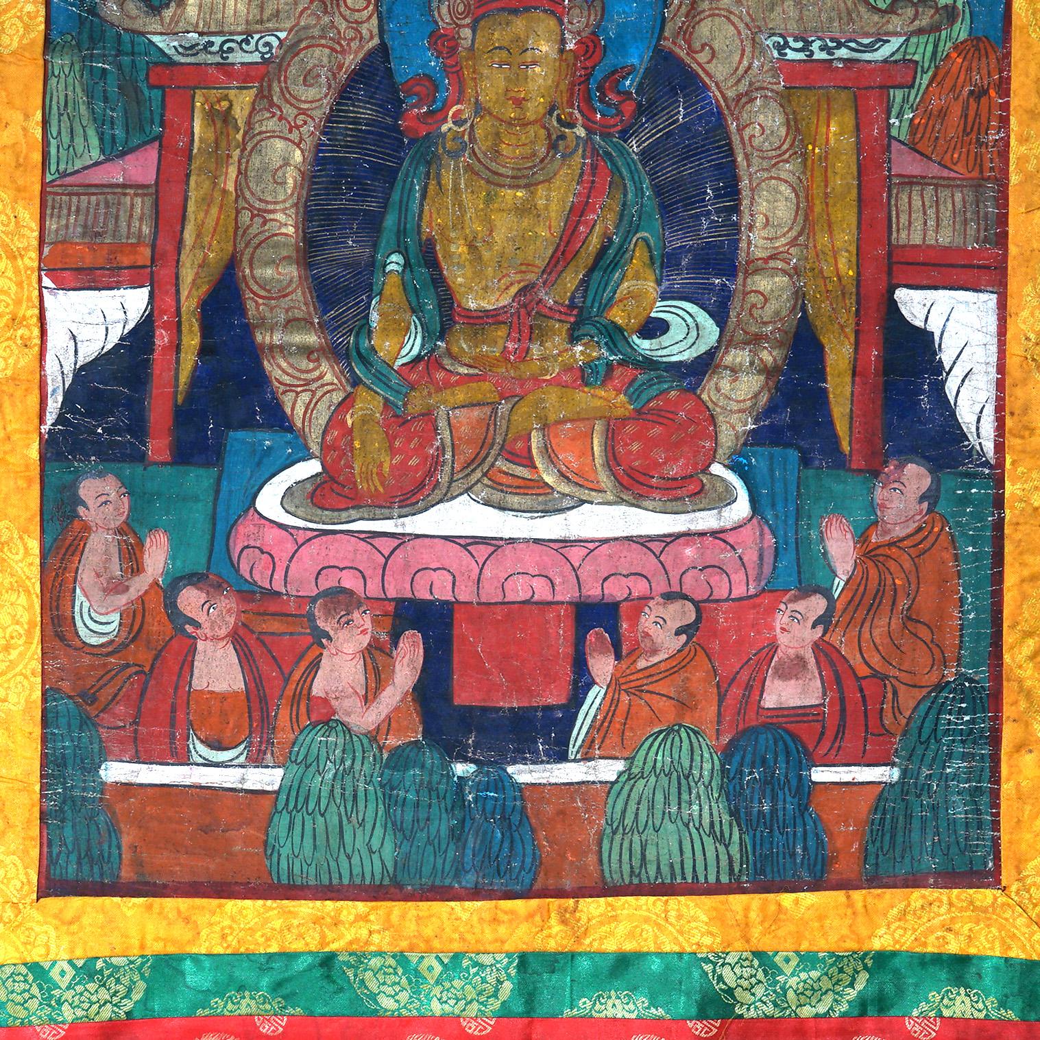 Antique Tibetan Hand Painted Silk and Canvas Thangka with Figures C1920 For Sale 1