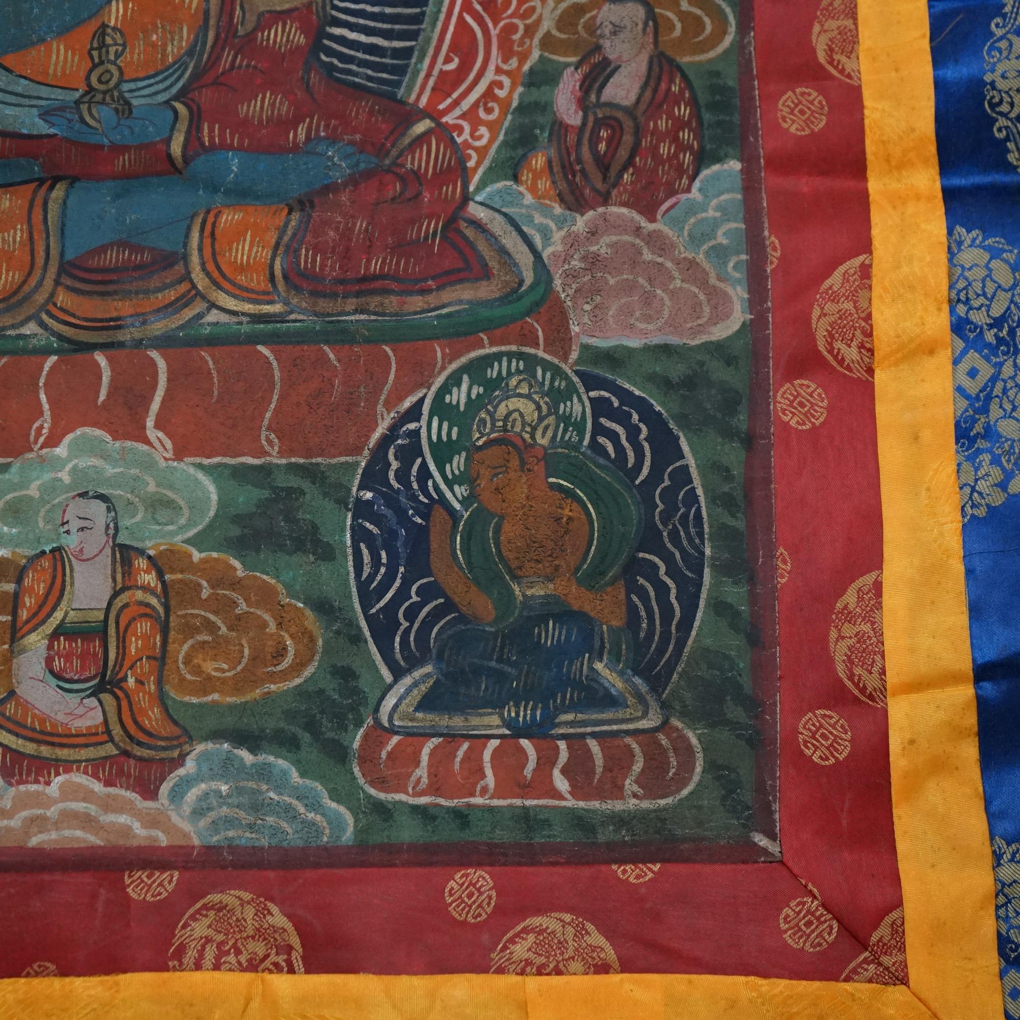 Antique Tibetan Hand Painted Silk and Canvas Thangka with Figures C1920 For Sale 3