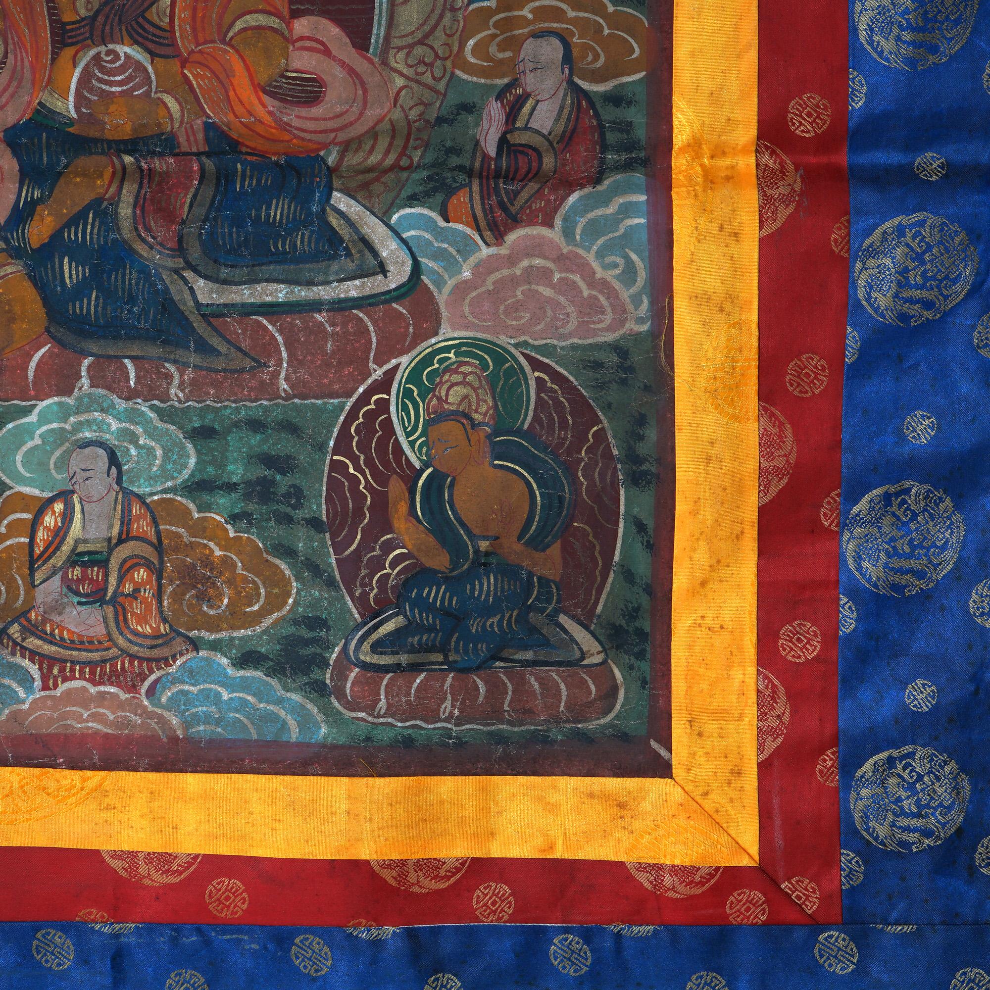 Antique Tibetan Hand Painted Silk and Canvas Thangka with Figures C1920 For Sale 4