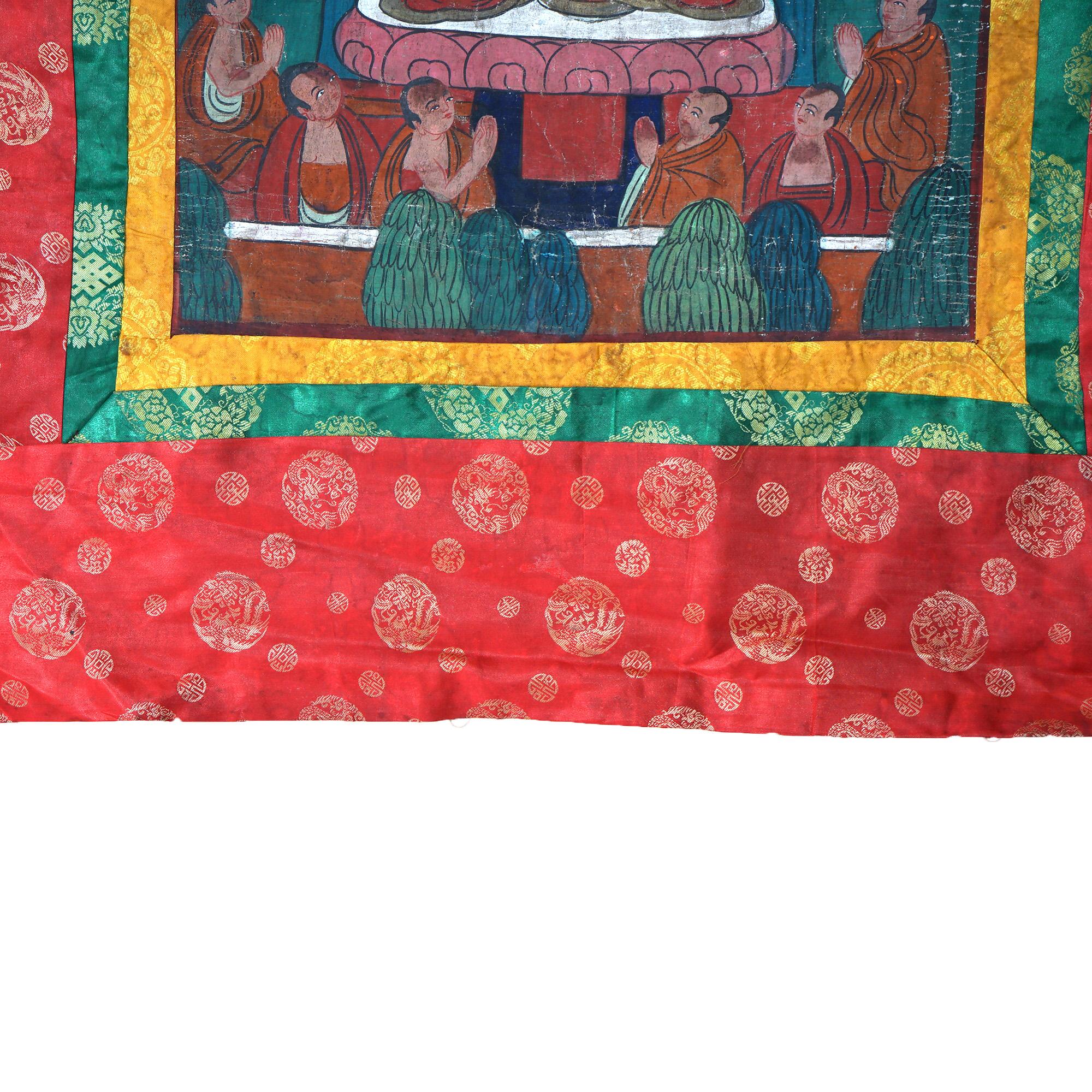 Antique Tibetan Hand Painted Silk and Canvas Thangka with Figures C1920 For Sale 4