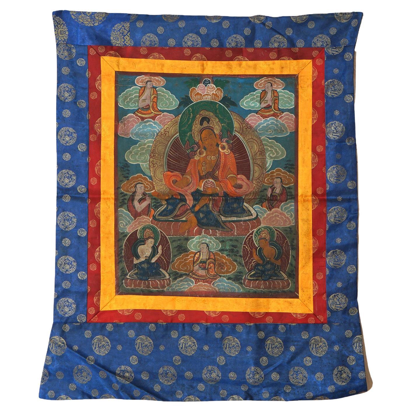 Antique Tibetan Hand Painted Silk and Canvas Thangka with Figures C1920 For Sale