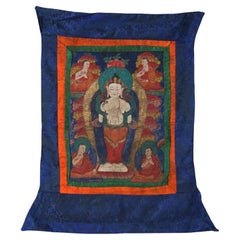 Antike tibetische handbemalte Thangka aus Seide und Leinwand mit Figuren aus Tibet, um 1920