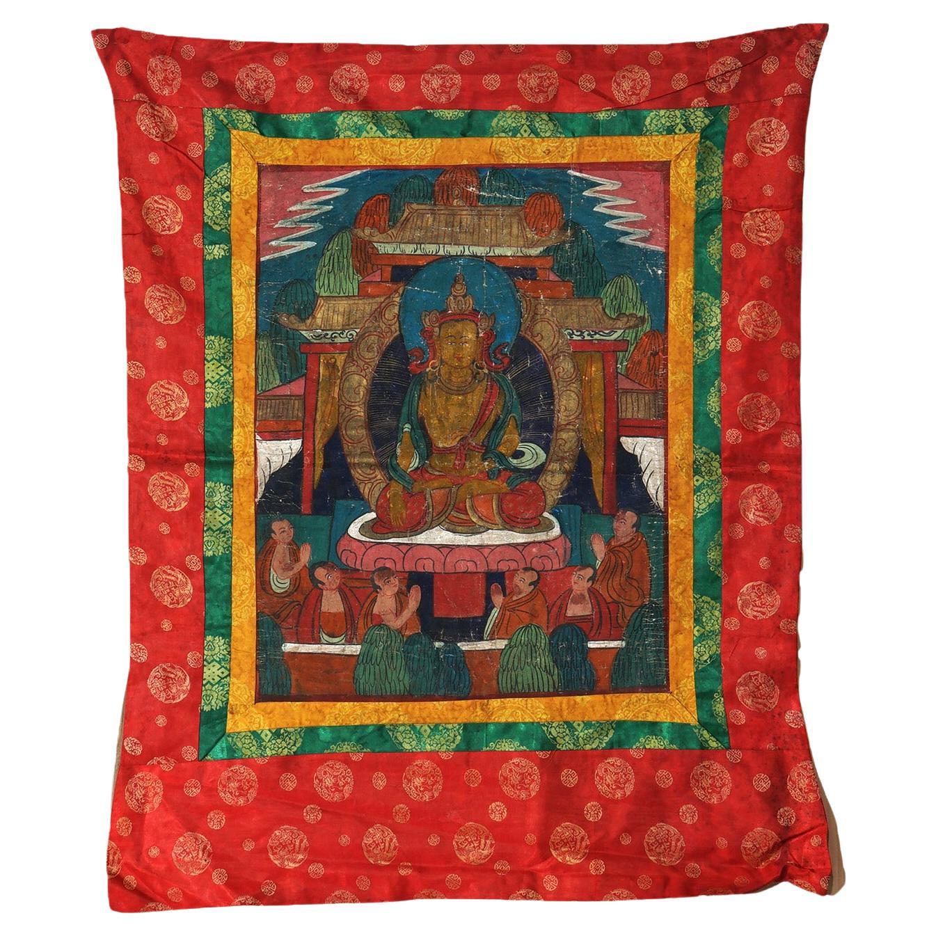 Antike tibetische handbemalte Thangka aus Seide und Leinwand mit Figuren aus Tibet, um 1920