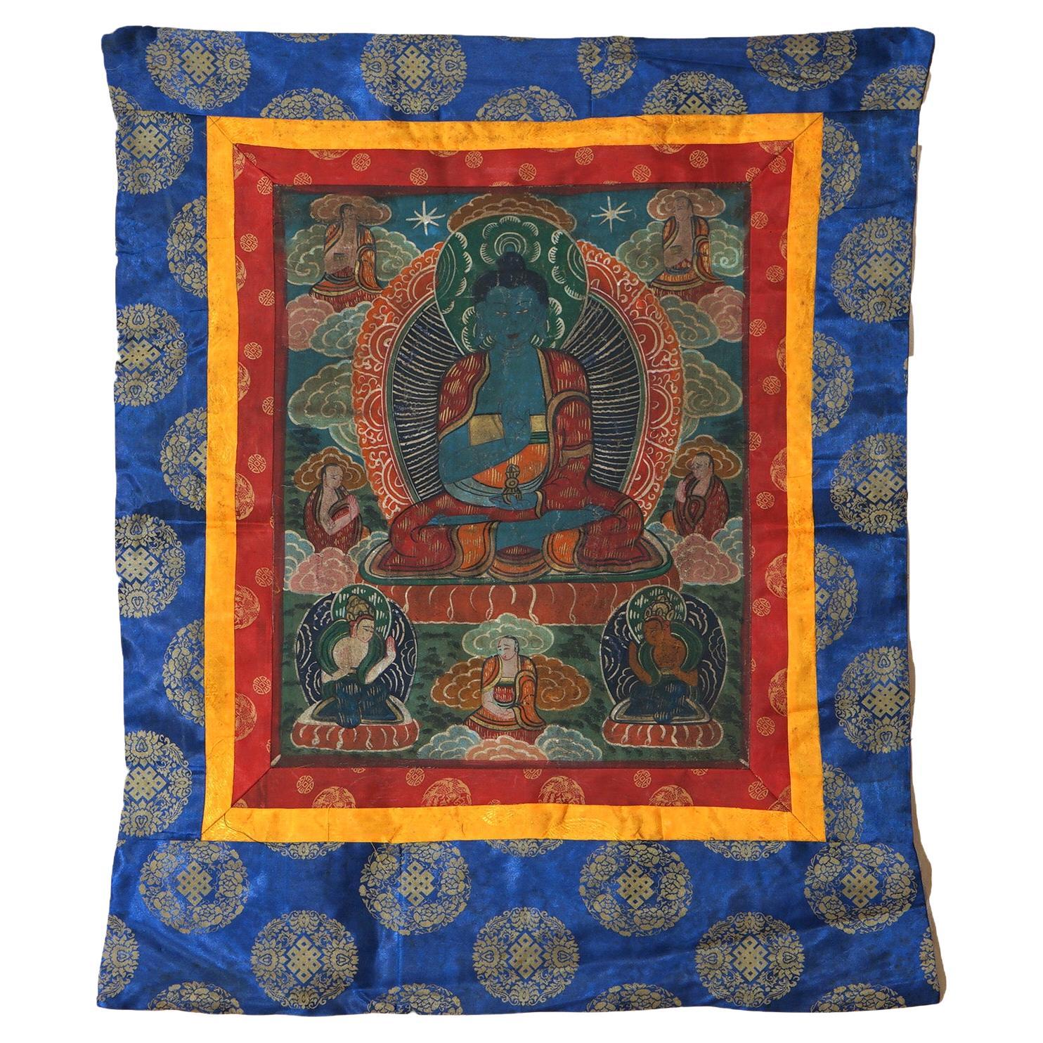 Antique Tibetan Hand Painted Silk and Canvas Thangka with Figures C1920 For Sale
