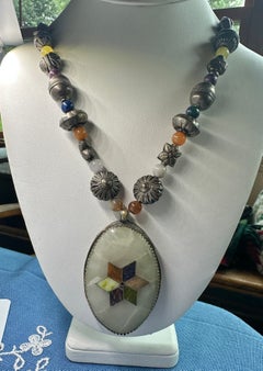 Antique Tibetan Jade Necklace Yellow Jade Tigers Eye Lapis Beads Silver