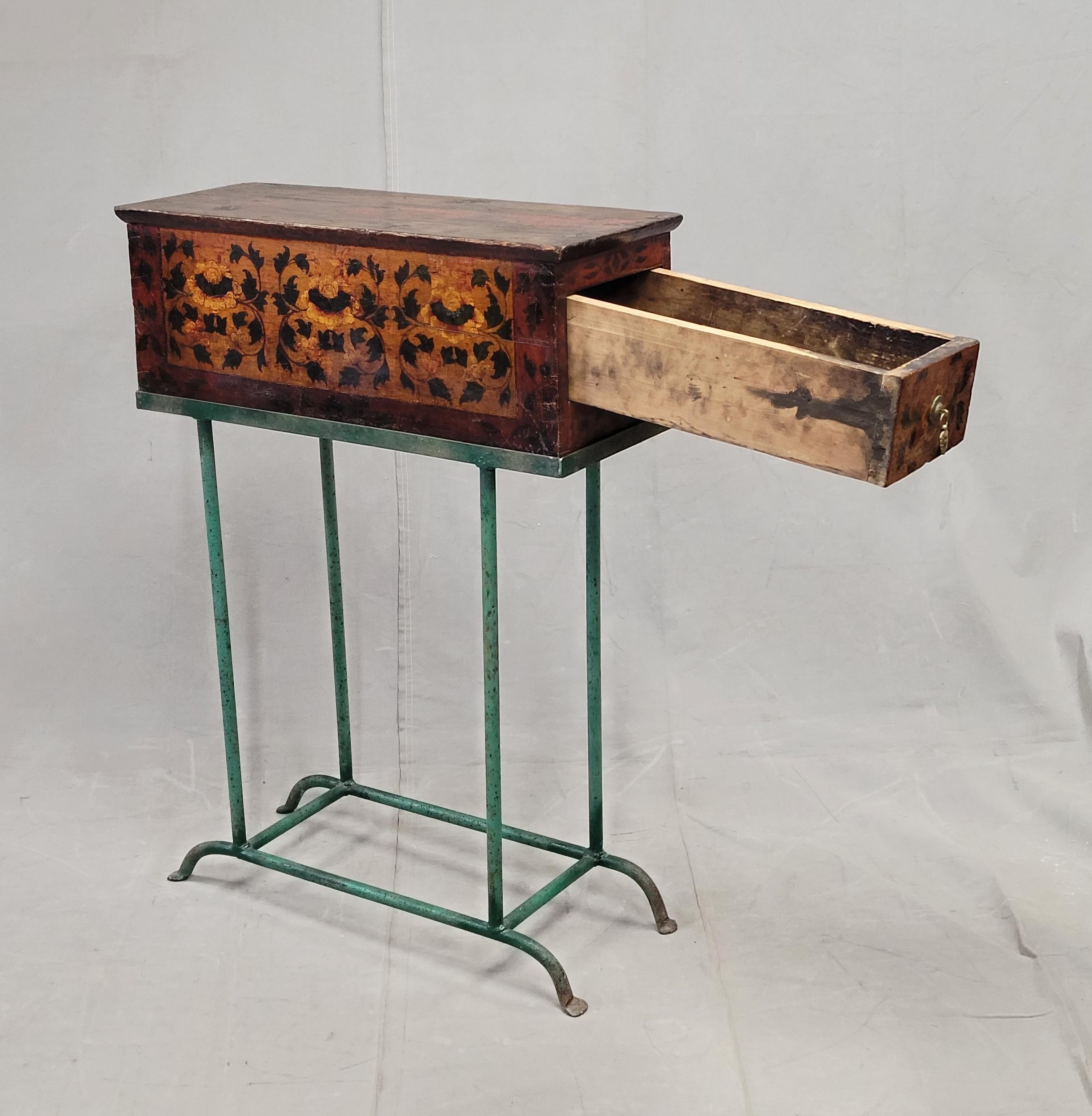 Antique Tibetan Lacquer Altar Box With Drawer on a Steel Stand / Console (RL) 9