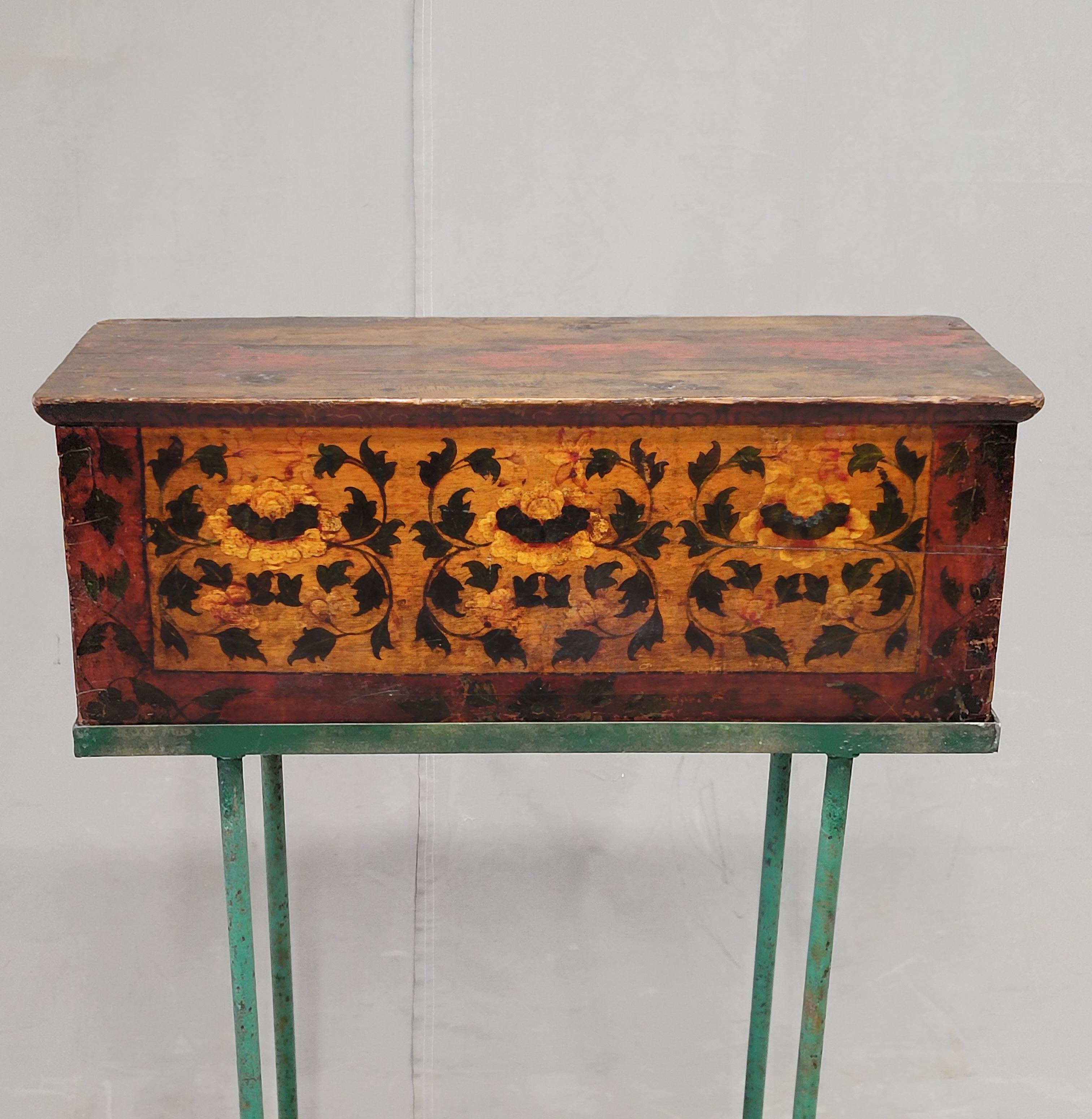 Chinoiserie Antique Tibetan Lacquer Altar Box With Drawer on a Steel Stand / Console (RL)
