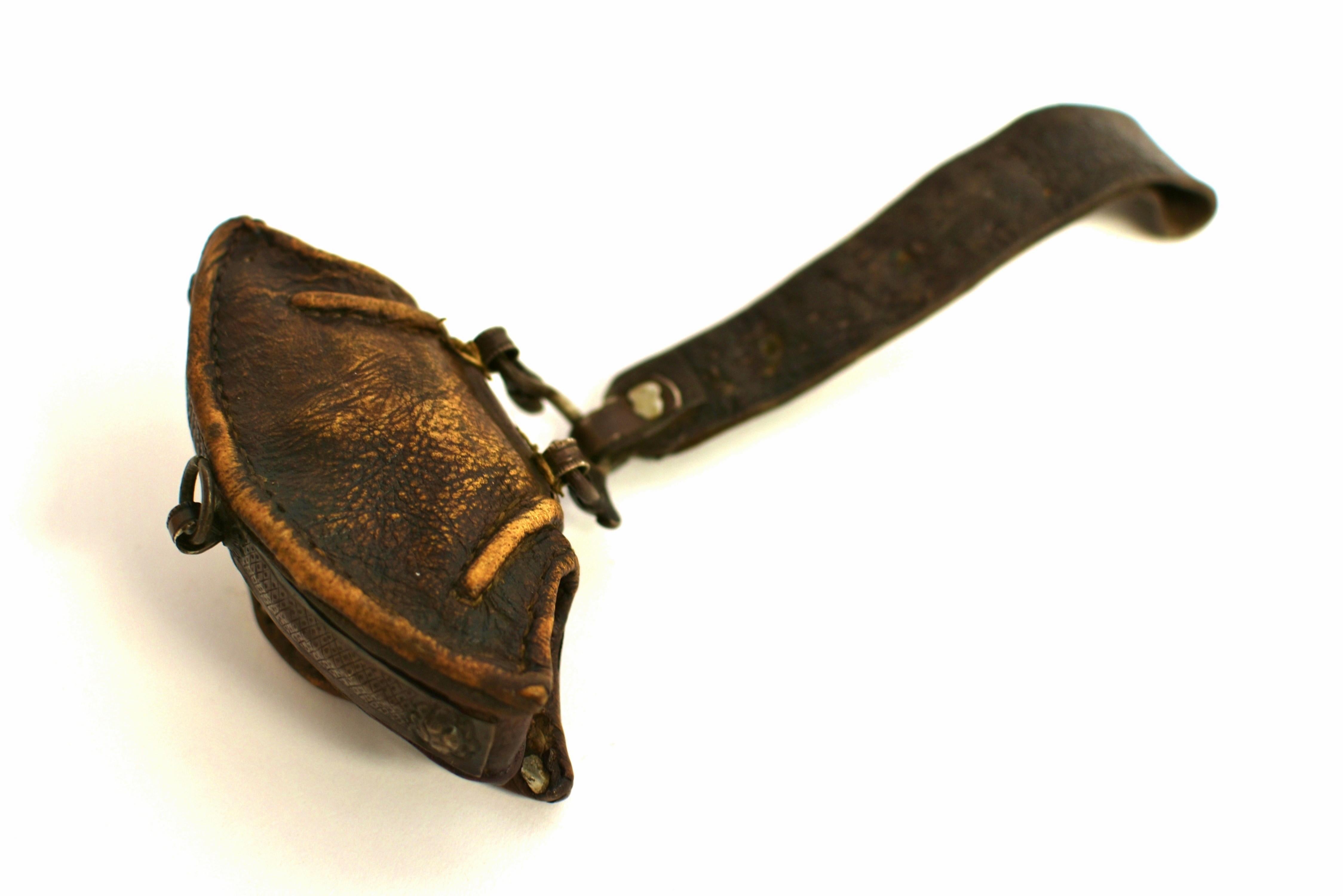 Antique Tibetan Leather Pilgrim Pouch with Coral Bead 2