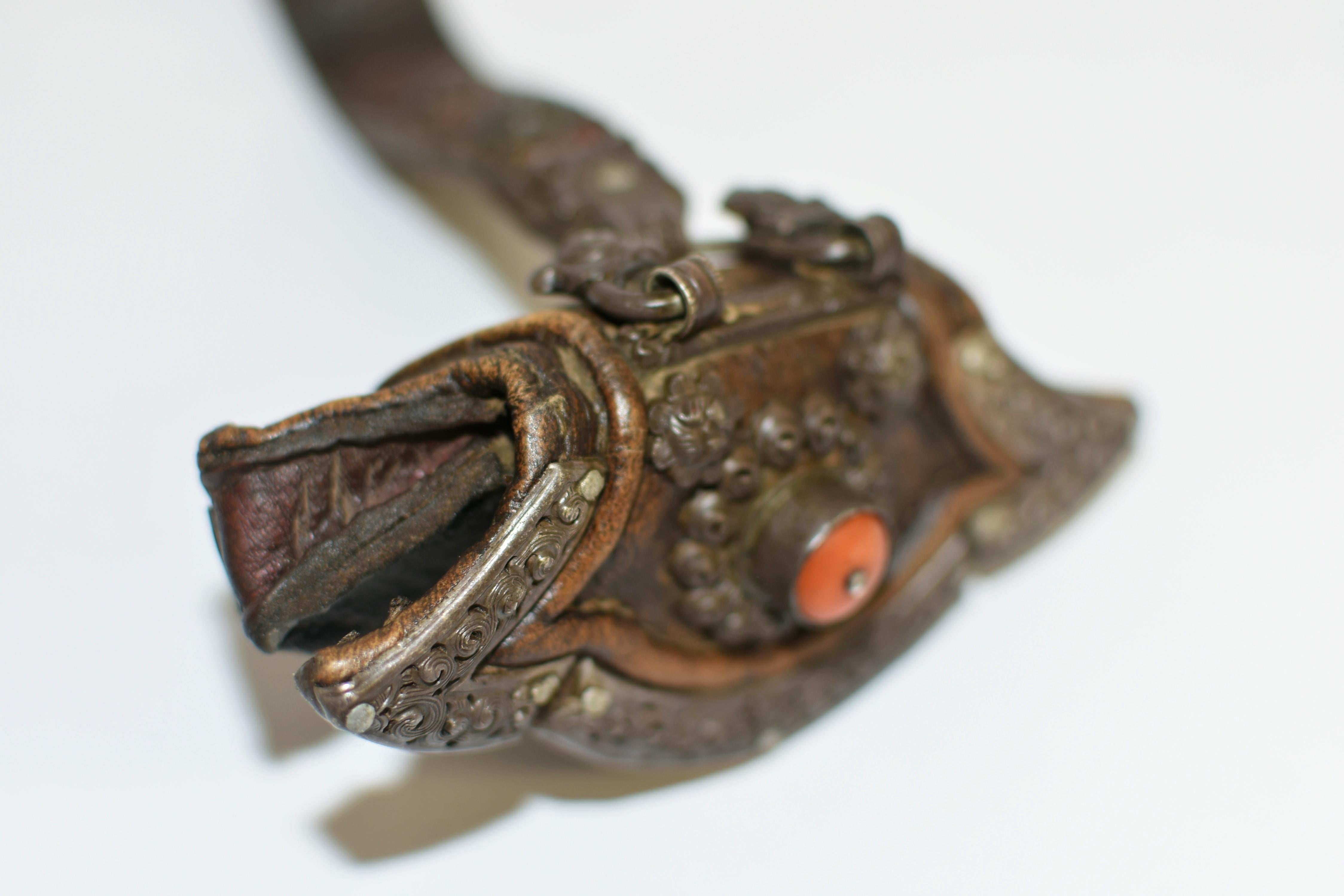 Antique Tibetan Leather Pilgrim Pouch with Coral Bead 4