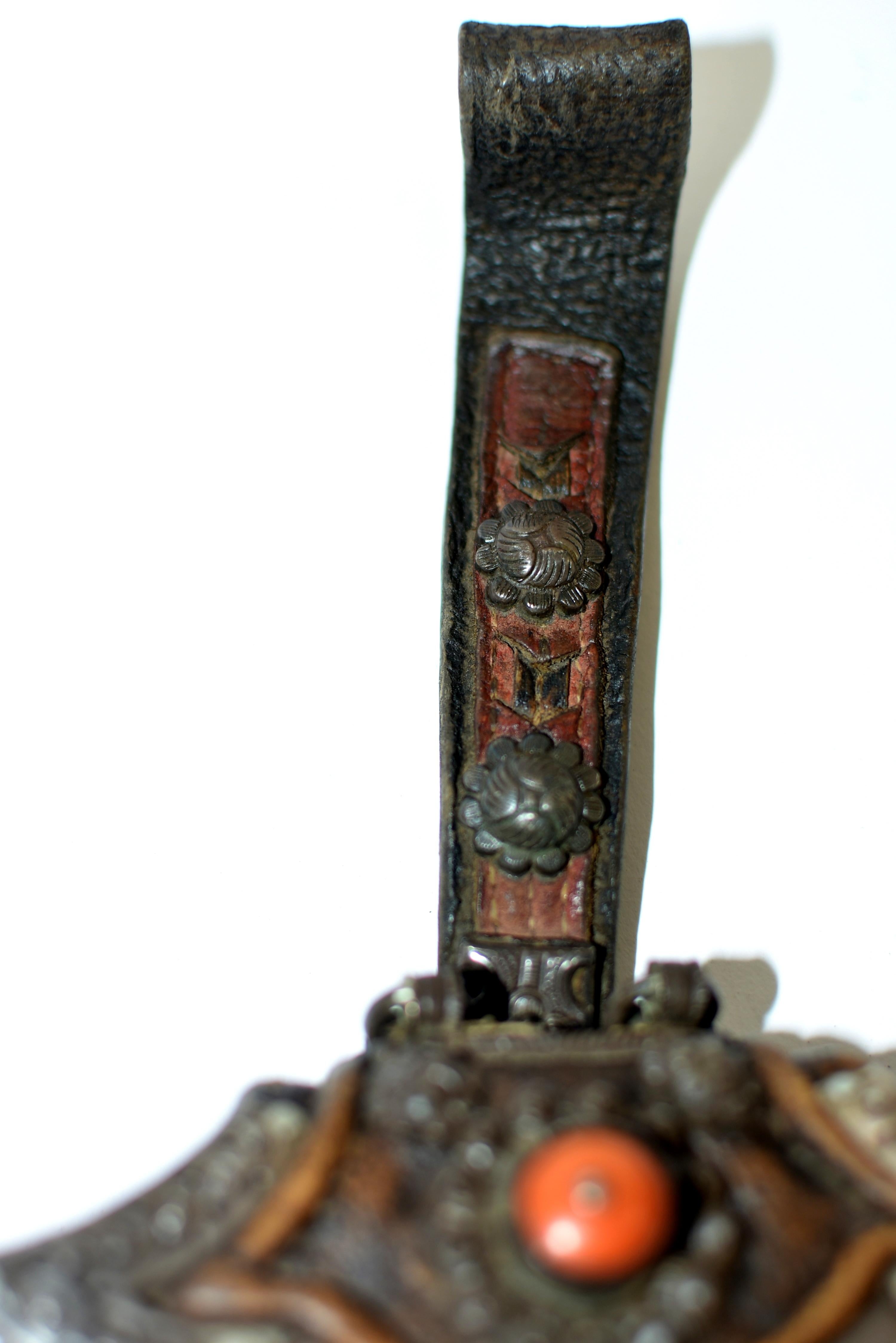 Antique Tibetan Leather Pilgrim Pouch with Coral Bead 5