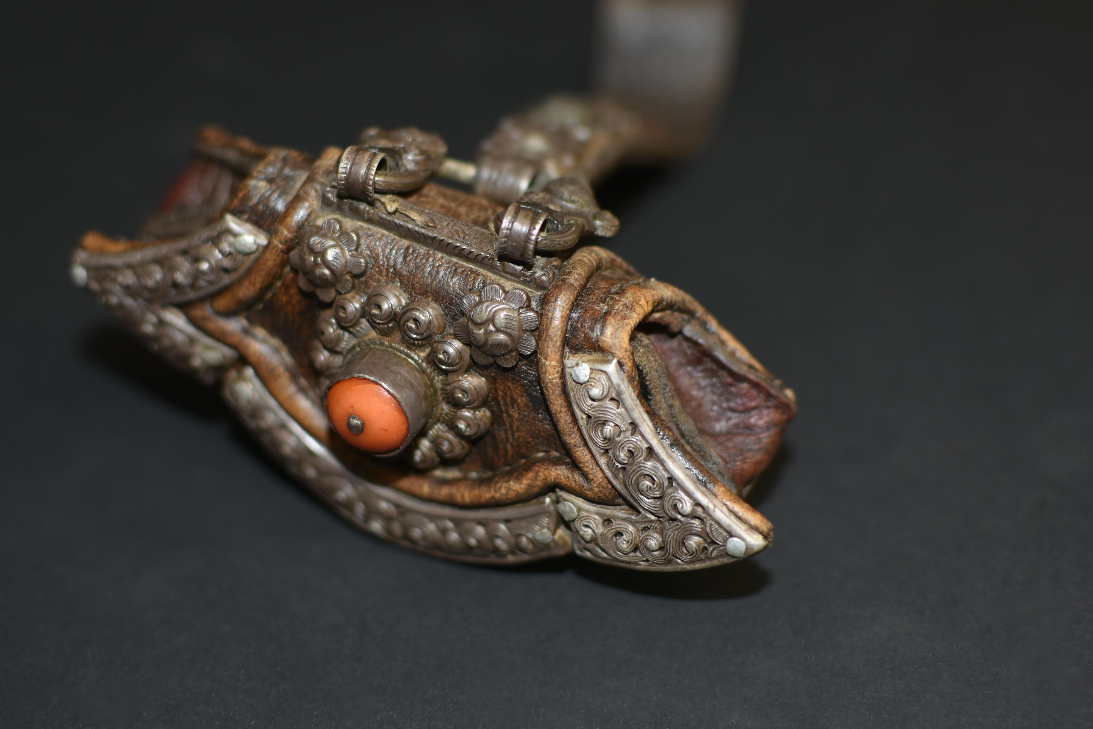 Antique Tibetan Leather Pilgrim Pouch with Coral Bead 6