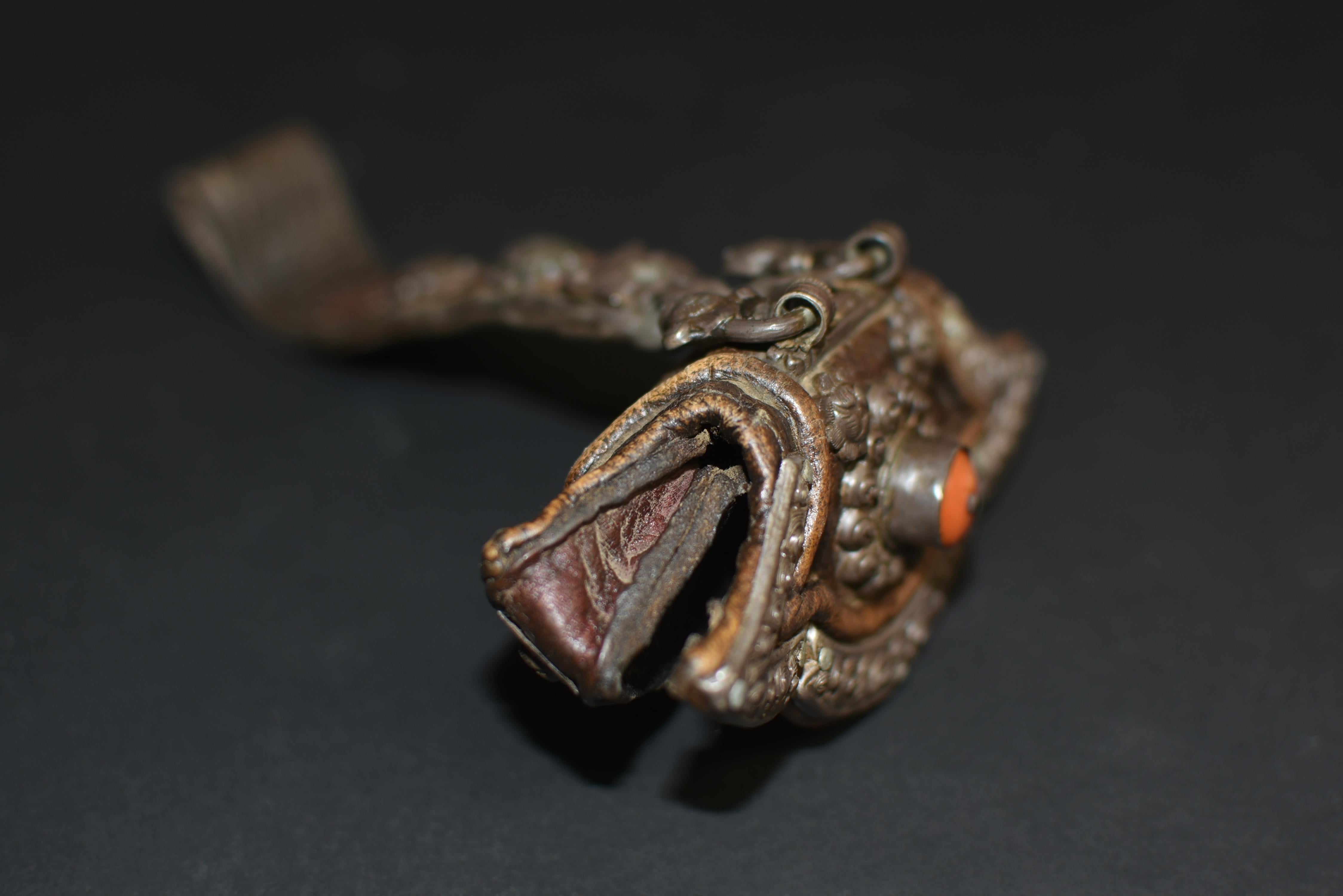 Antique Tibetan Leather Pilgrim Pouch with Coral Bead 7