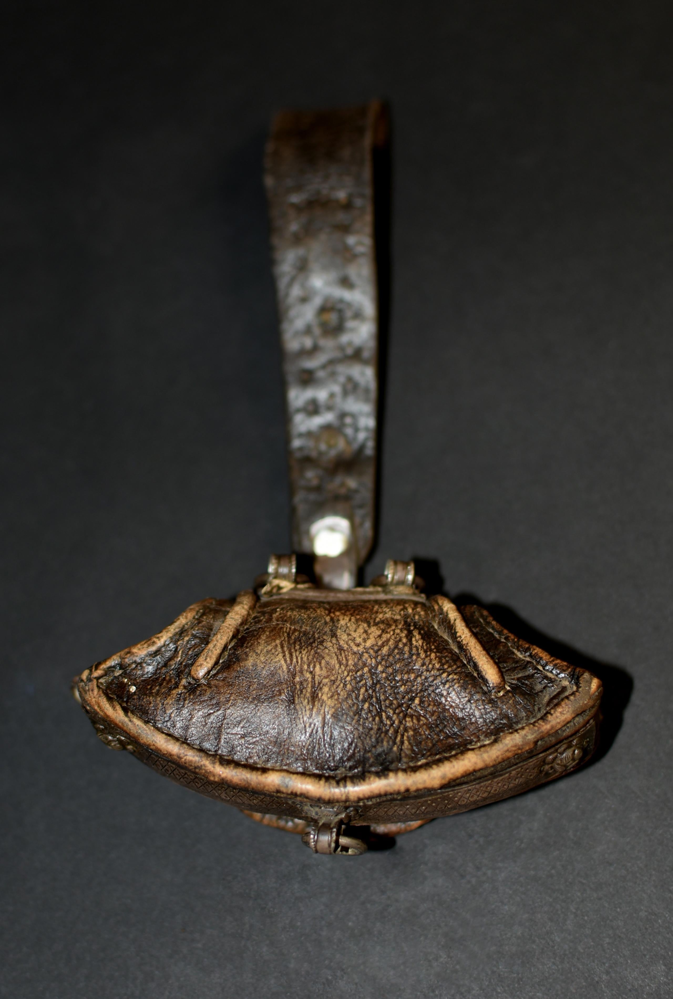 Antique Tibetan Leather Pilgrim Pouch with Coral Bead 8