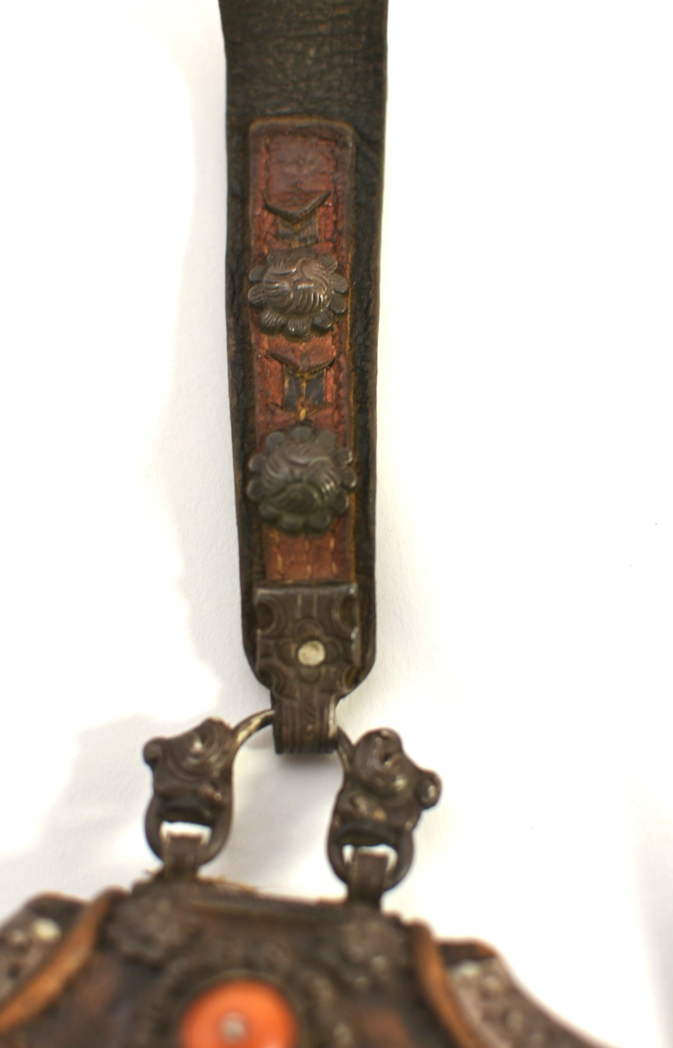 Bhutanese Antique Tibetan Leather Pilgrim Pouch with Coral Bead