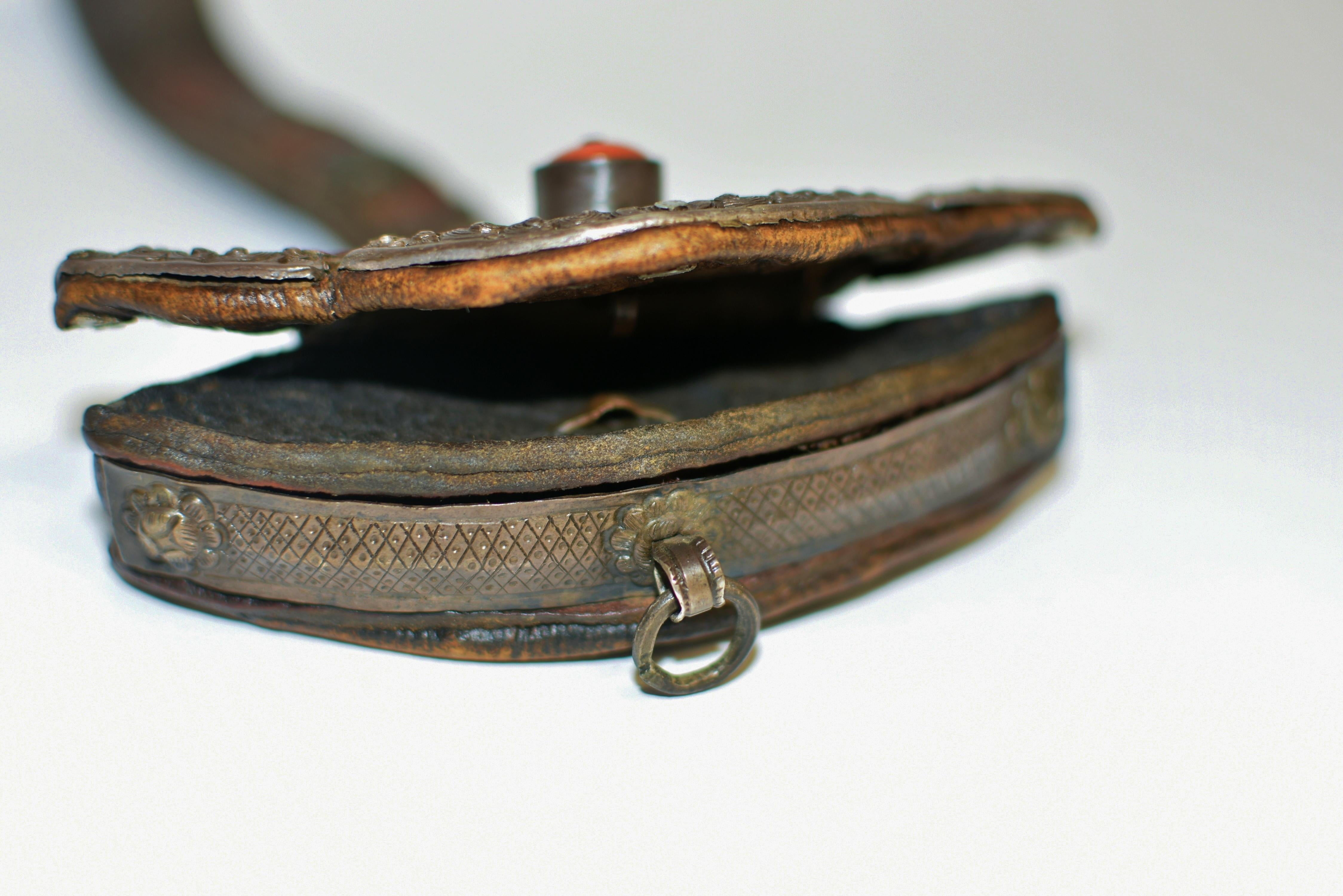 19th Century Antique Tibetan Leather Pilgrim Pouch with Coral Bead