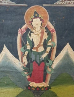 Antique Tibetan Lokeshvara Thangka Painting, Mid-19th Century, Gelugpa Tradition