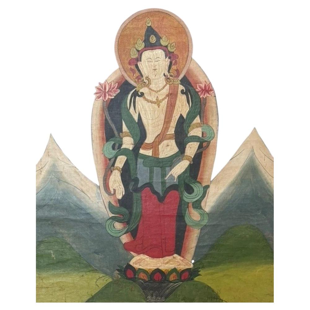 Antique Tibetan Lokeshvara Thangka Painting, Mid-19th Century, Gelugpa Tradition