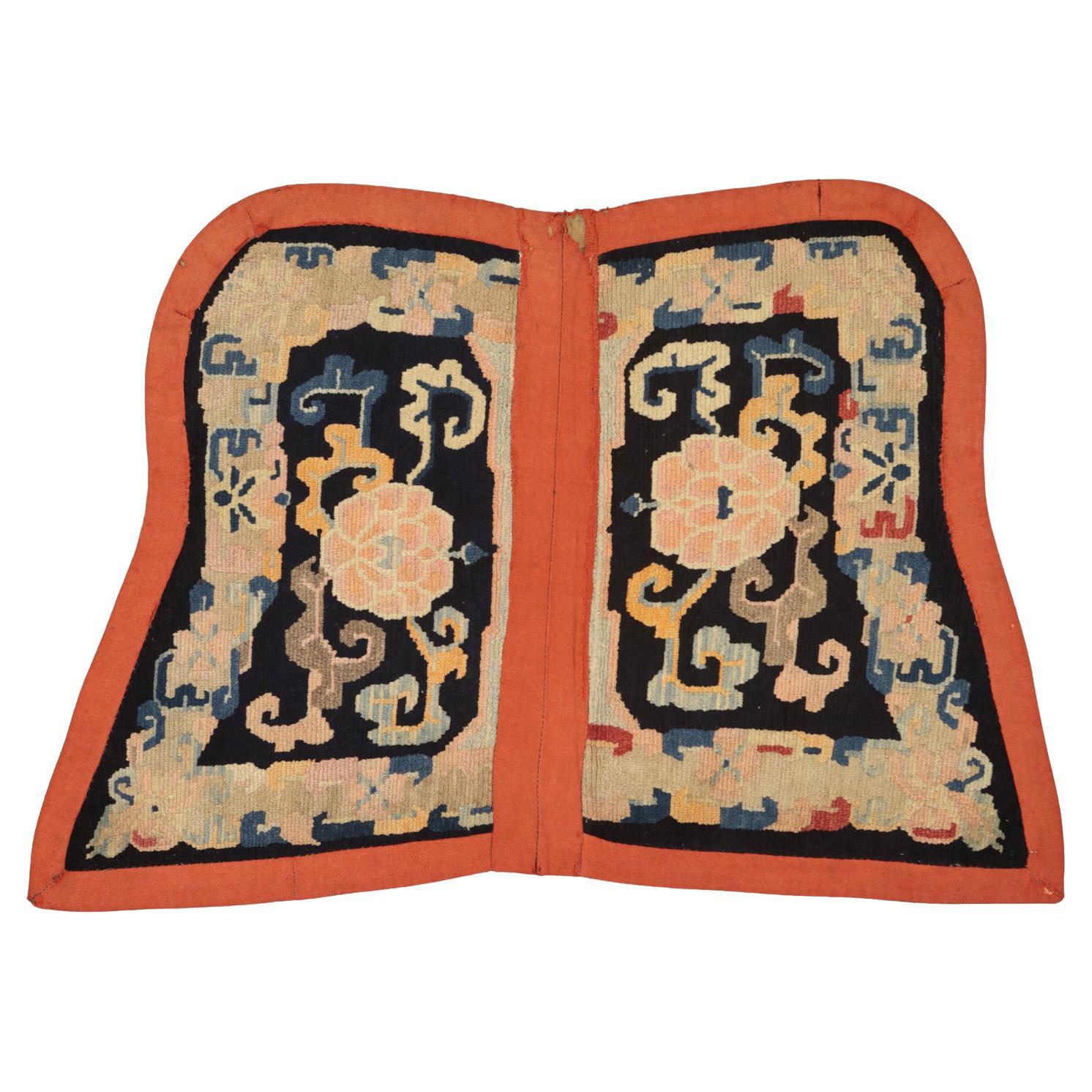 Antique Tibetan Lotus Flower Design Wool Rug, 1880-1900 For Sale