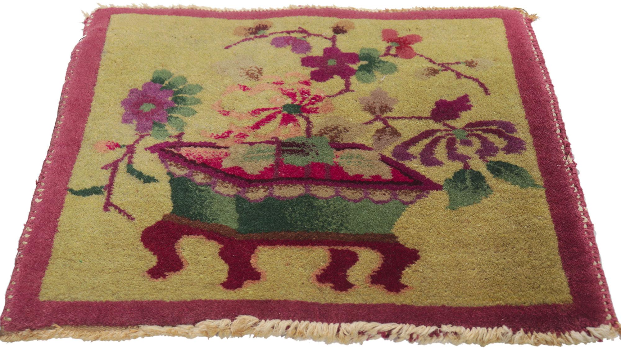 Hand-Knotted Antique Tibetan Meditation Mat, Chinese Art Deco Rug For Sale