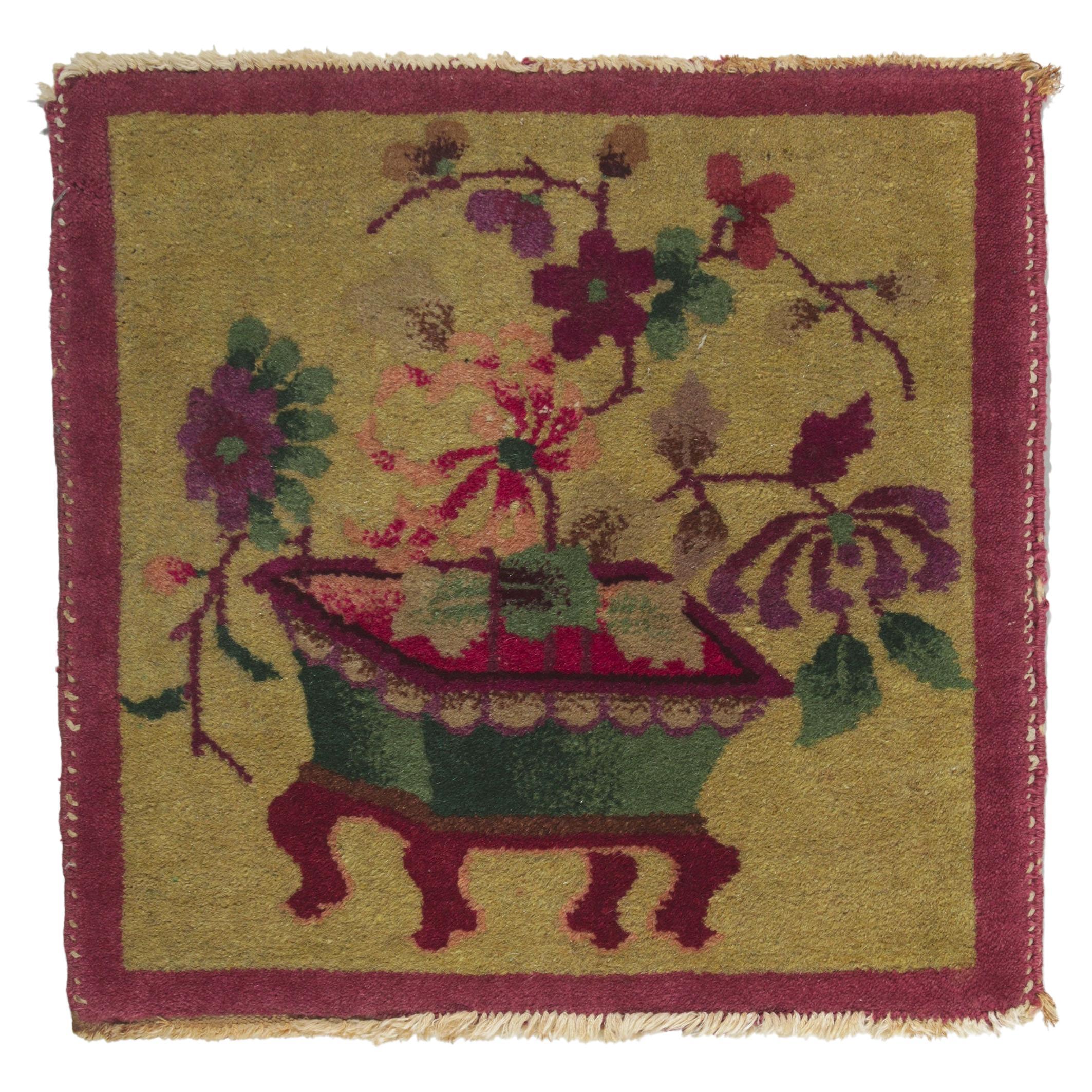 Antique Tibetan Meditation Mat, Chinese Art Deco Rug For Sale 3