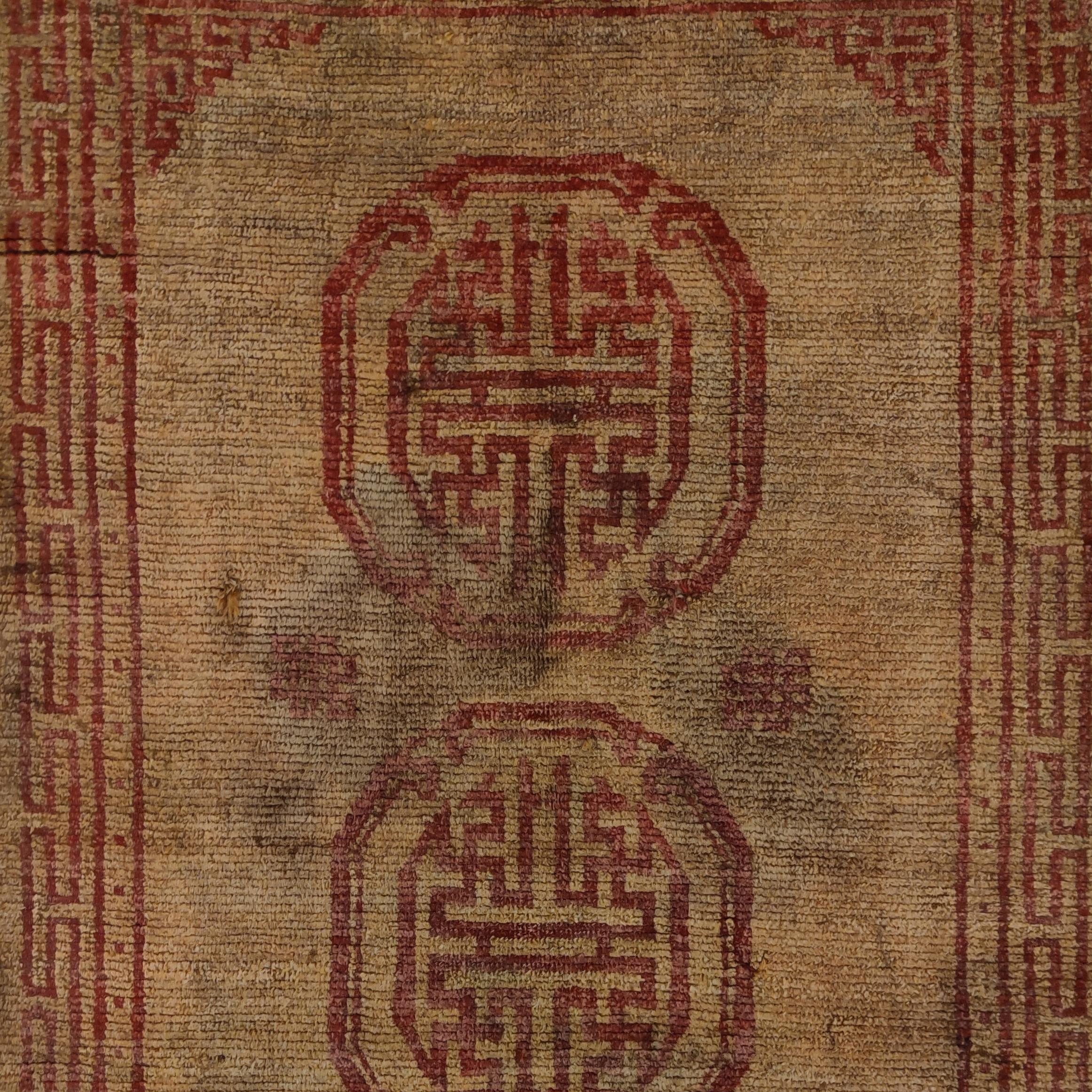Wool Antique Tibetan Meditation Rug with Three Mandalas For Sale
