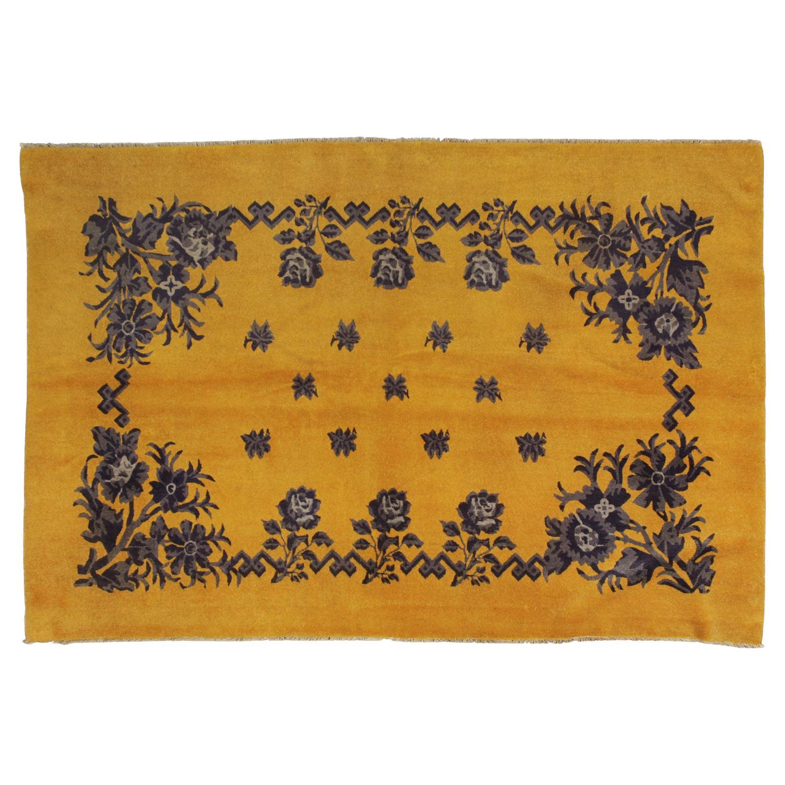 Antique Tibetan Minimalist Floral Design Rug, ca. 1920 For Sale
