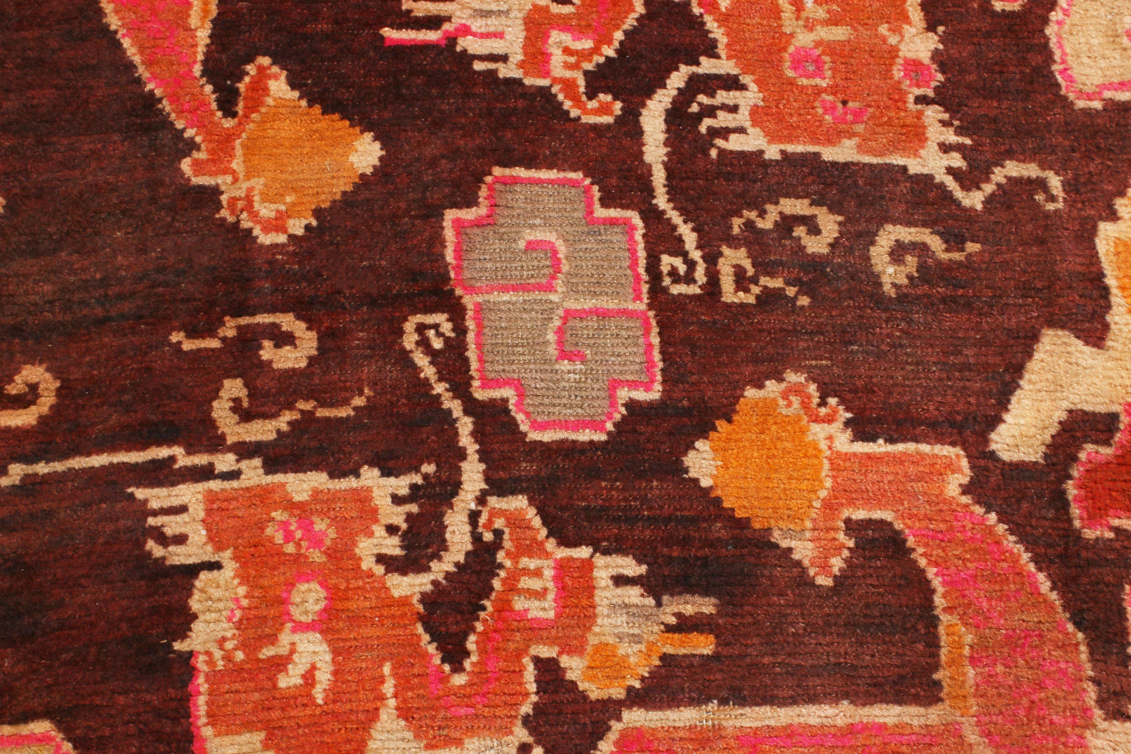 Hand-Knotted Antique Tibetan Orange and Brown Wool Rug with Dragon and Cloud Motifs