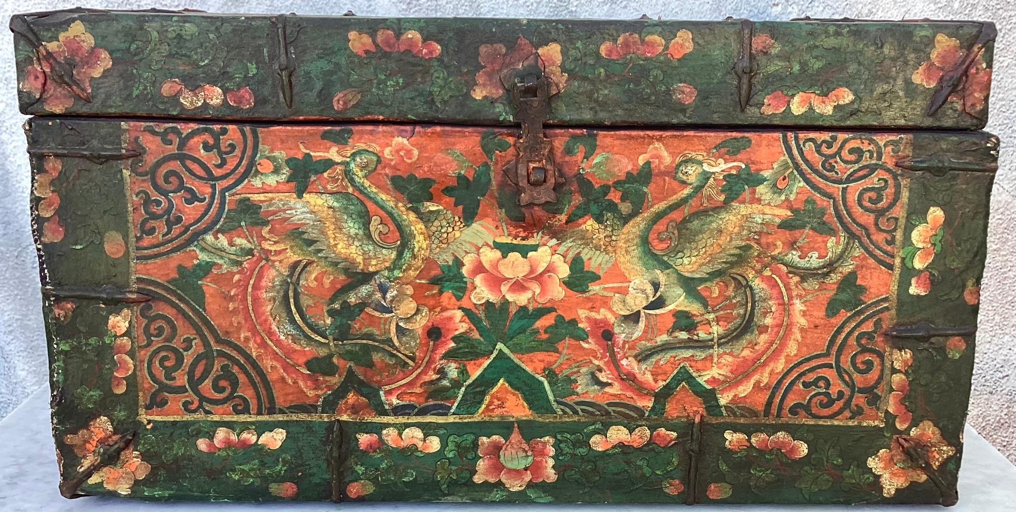 Antique Tibetan Painted Leather And Iron Chest or Trunk For Sale 5