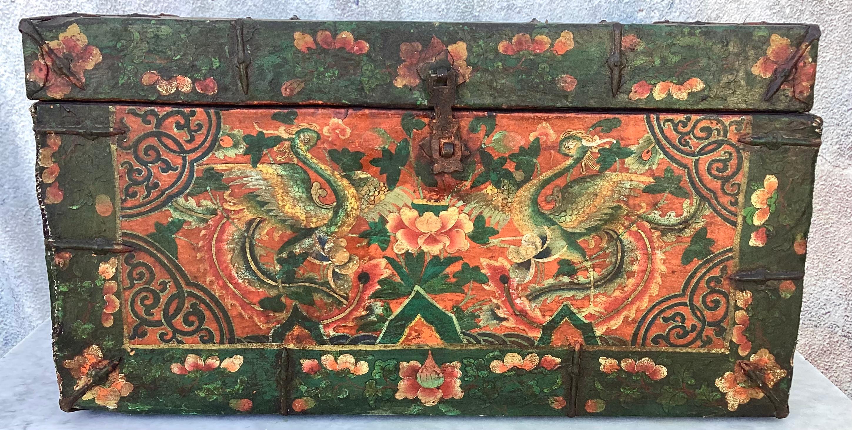 Chinese Export Antique Tibetan Painted Leather And Iron Chest or Trunk For Sale