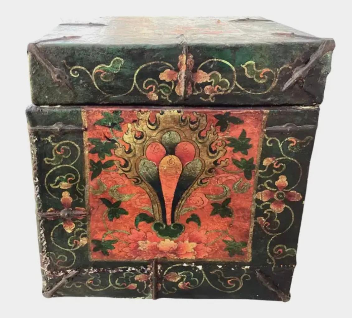 18th Century and Earlier Antique Tibetan Painted Leather And Iron Chest or Trunk For Sale