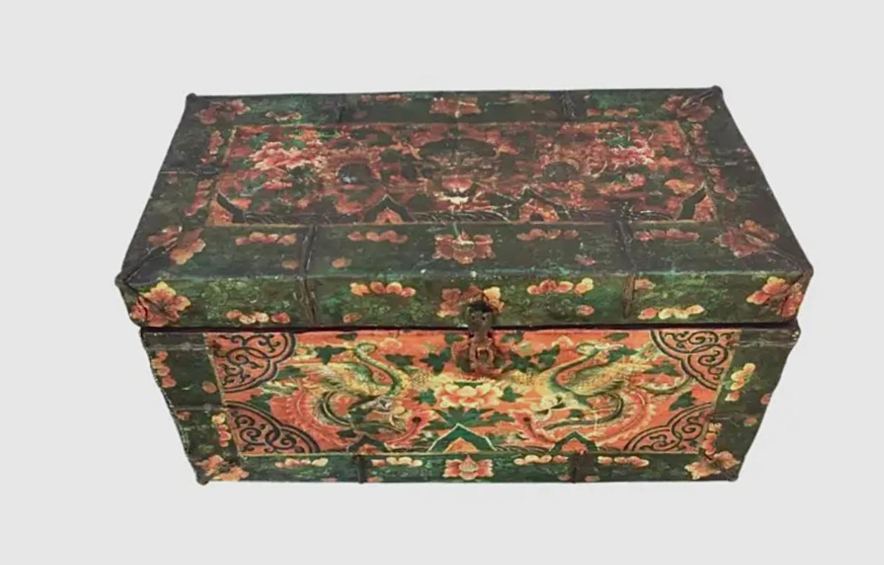 Wood Antique Tibetan Painted Leather And Iron Chest or Trunk For Sale