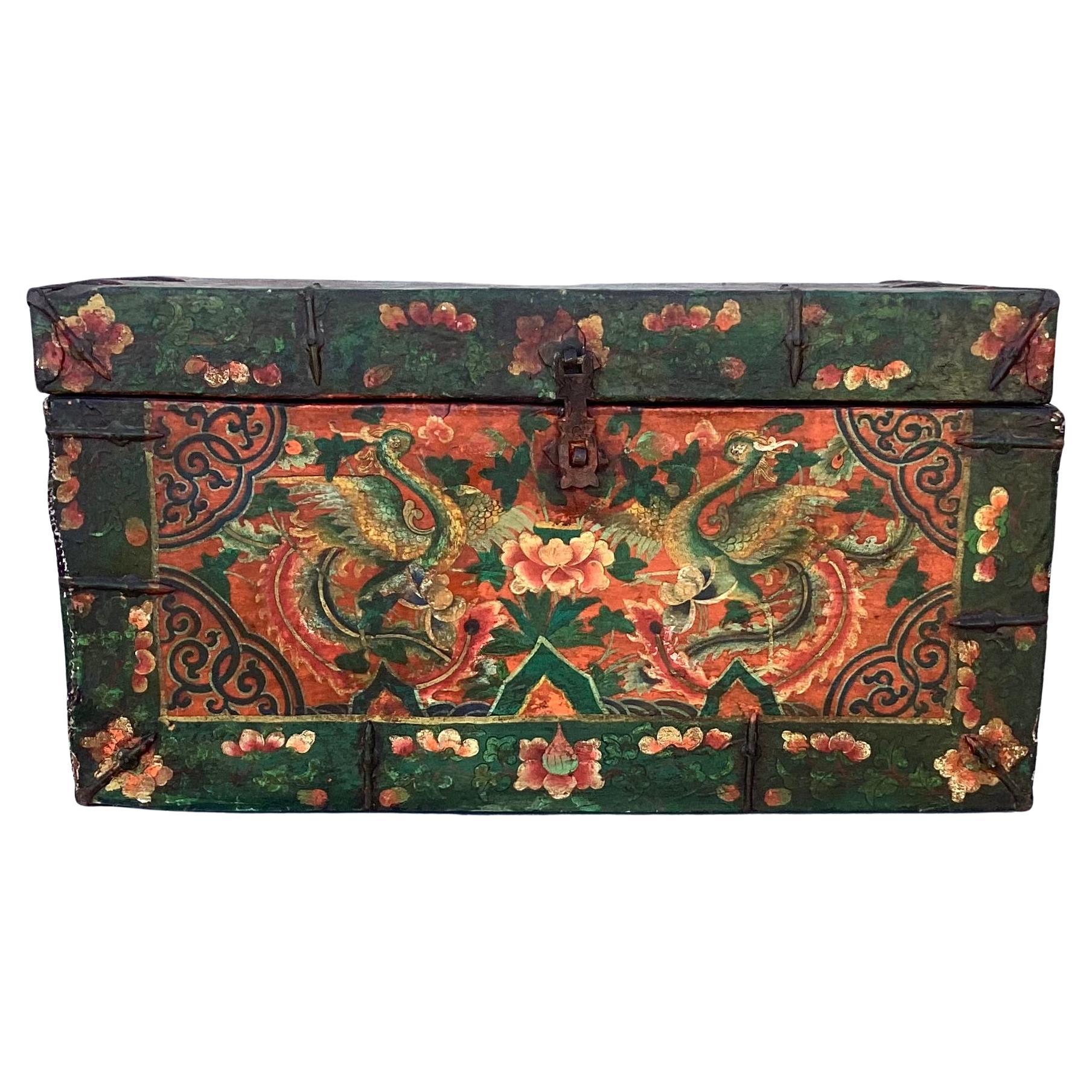Antique Tibetan Painted Leather And Iron Chest or Trunk For Sale