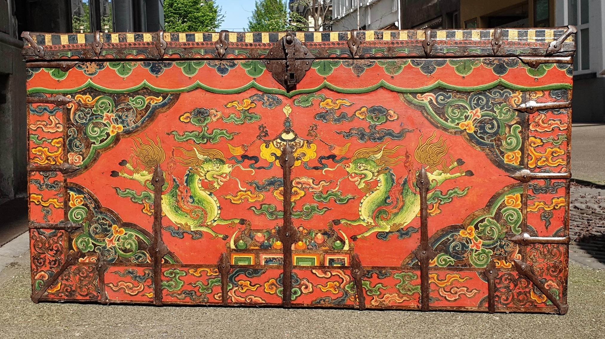 Wrought Iron Antique Tibetan Polychrome Decorated Lift Top Trunk For Sale