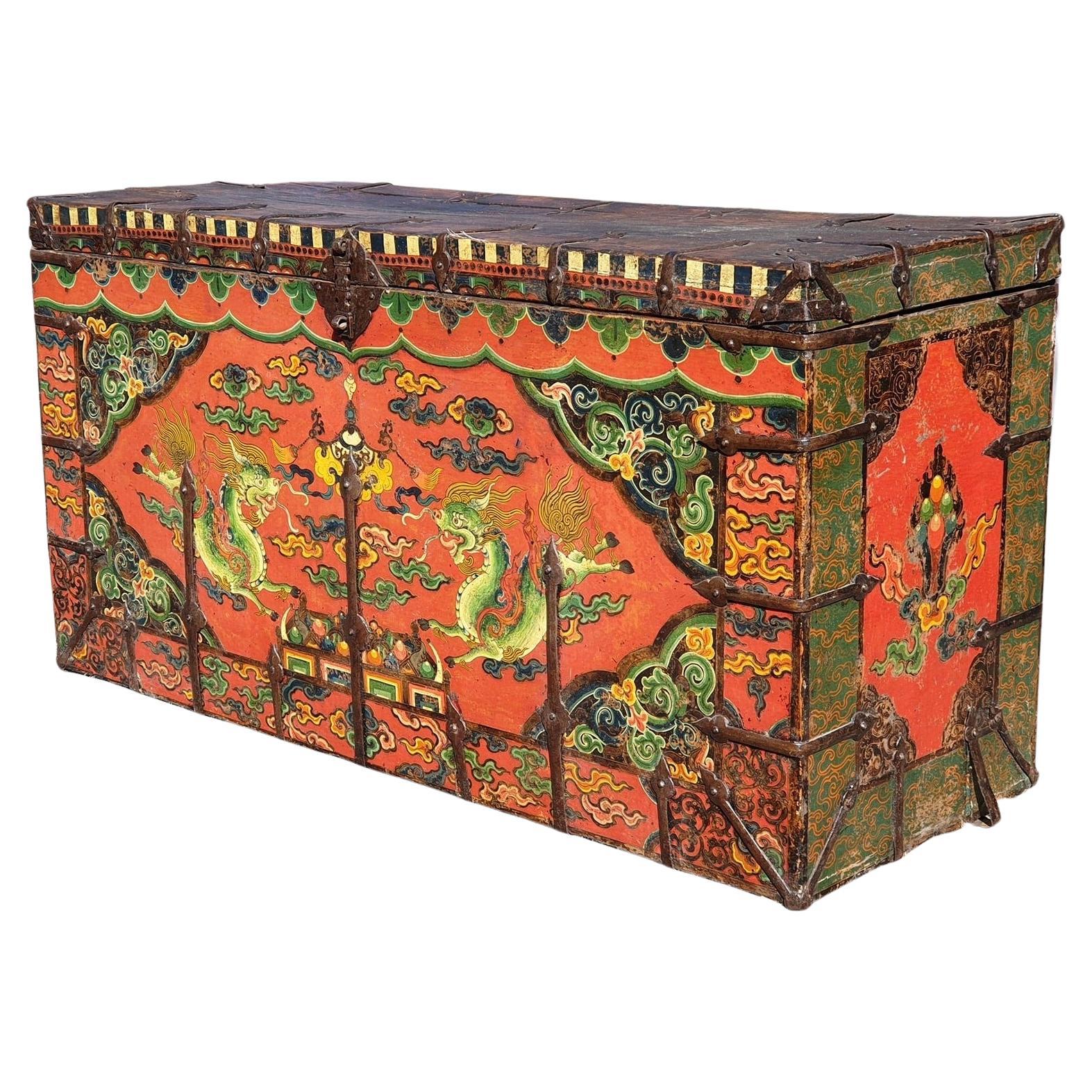 Antique Tibetan Polychrome Decorated Lift Top Trunk For Sale
