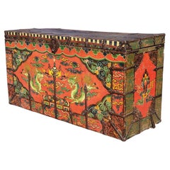 Antique Tibetan Polychrome Decorated Lift Top Trunk