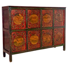 Antique Tibetan Polychrome Painted Cabinet With Animal and Floral Panels