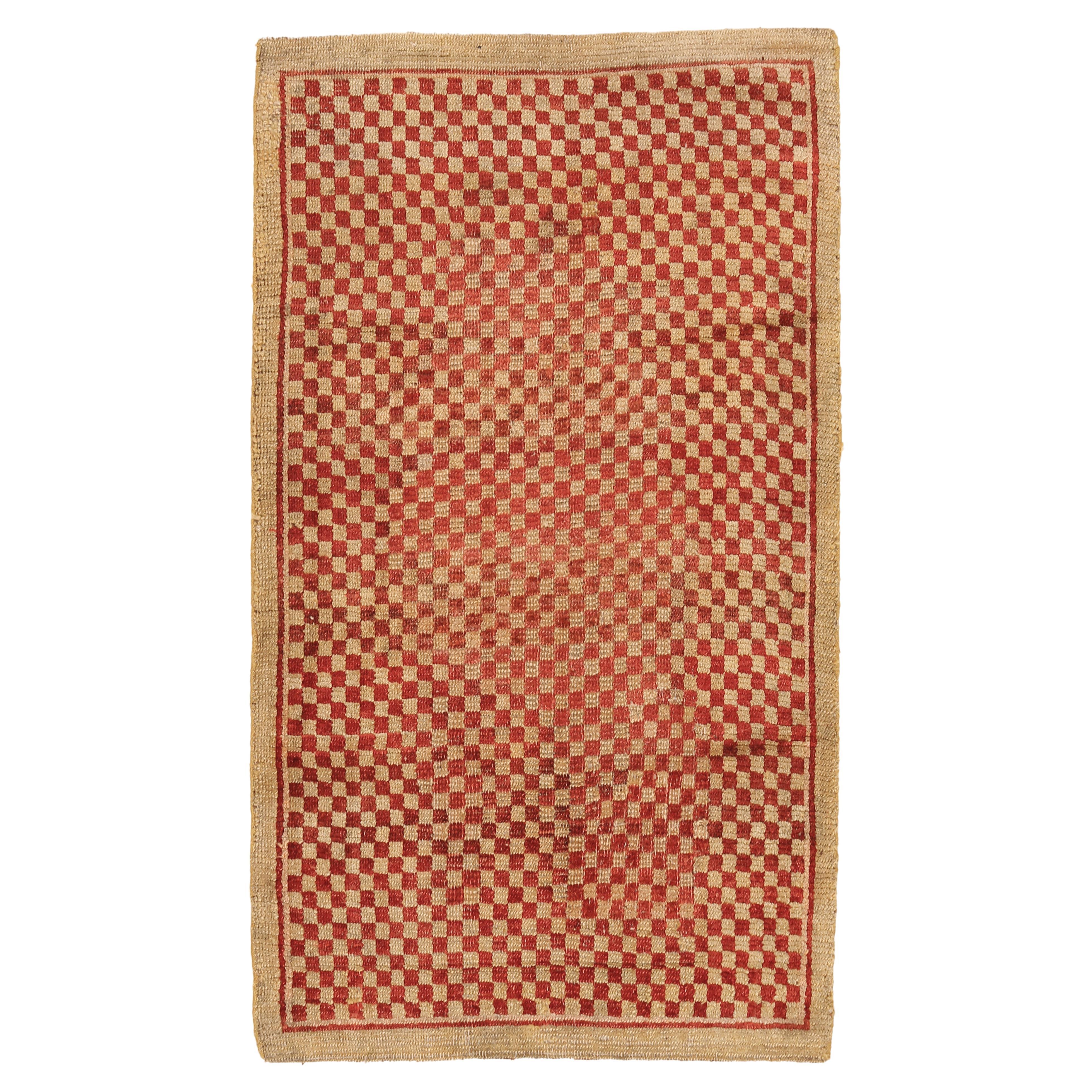 Antique Tibetan Red and White Checkerboard Design Meditation Rug