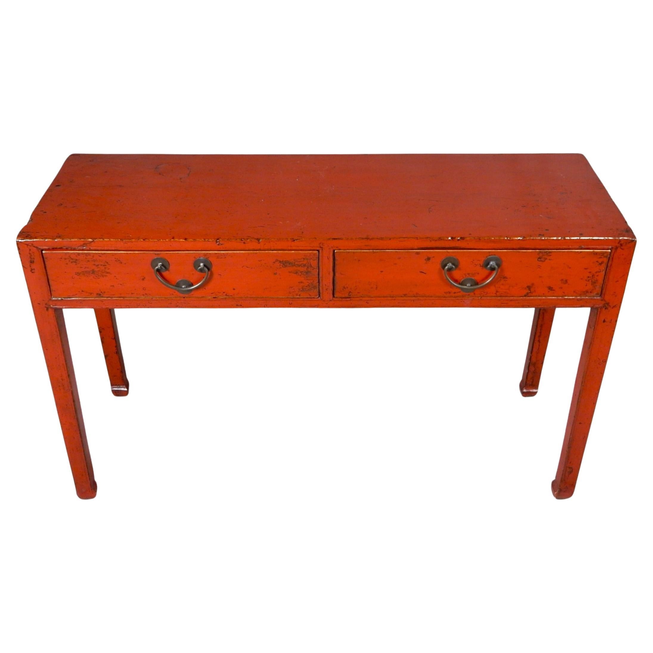 Antique Asian red lacquer 2 drawer desk, foyer or console table.
Beautiful piece of heirloom furniture. This would fit well into any eclectic style home decor.
