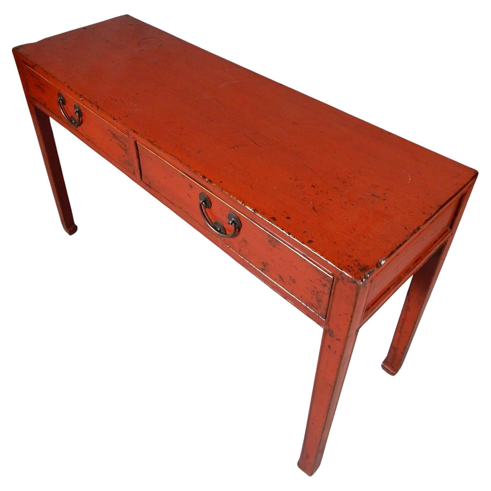 Antique Tibetan Red Lacquer 2 Drawer Console Desk Table In Good Condition In Las Vegas, NV